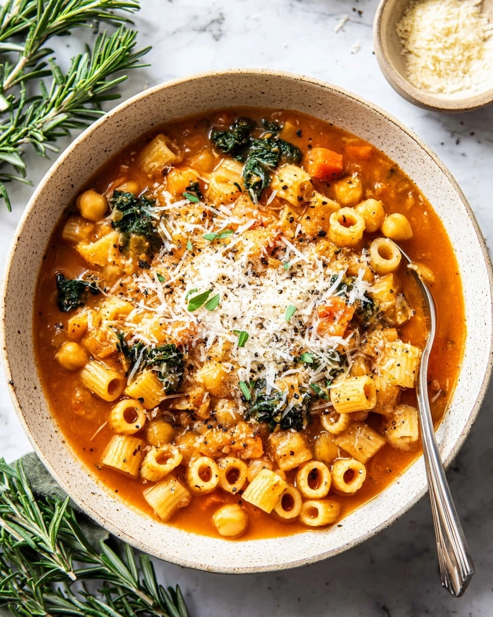 A white bowl filled with small tube-shaped pasta sitting in a rich orange-red sauce, topped with a generous layer of grated white cheese and sprinkled with bright green herbs. A silver spoon rests inside the bowl, slightly lifting some pasta, showing the creamy texture of the sauce below. Around the bowl, there are fresh green rosemary sprigs placed on a white marbled surface, along with a small white bowl filled with more grated cheese. Photo taken with an iphone --ar 4:5 --v 7