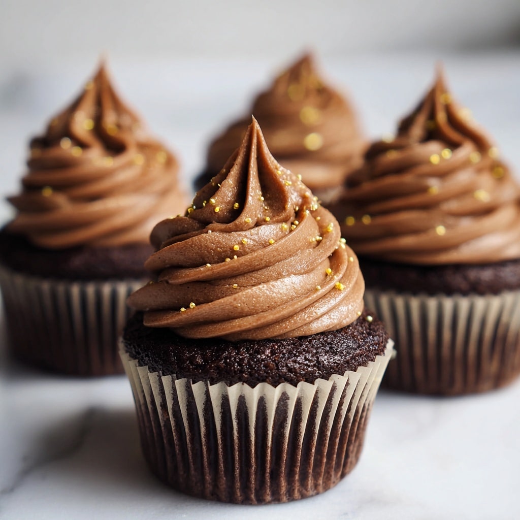 A close-up view of a chocolate cupcake with a bite taken out, showing two layers: a dark, moist chocolate cake base with a rich texture, topped by a tall swirl of smooth, light brown chocolate frosting with a glossy finish, adorned with small golden sprinkles. The cupcake sits on a white plate on a white marbled surface, with another chocolate cupcake blurred in the background. Photo taken with an iphone --ar 4:5 --v 7
