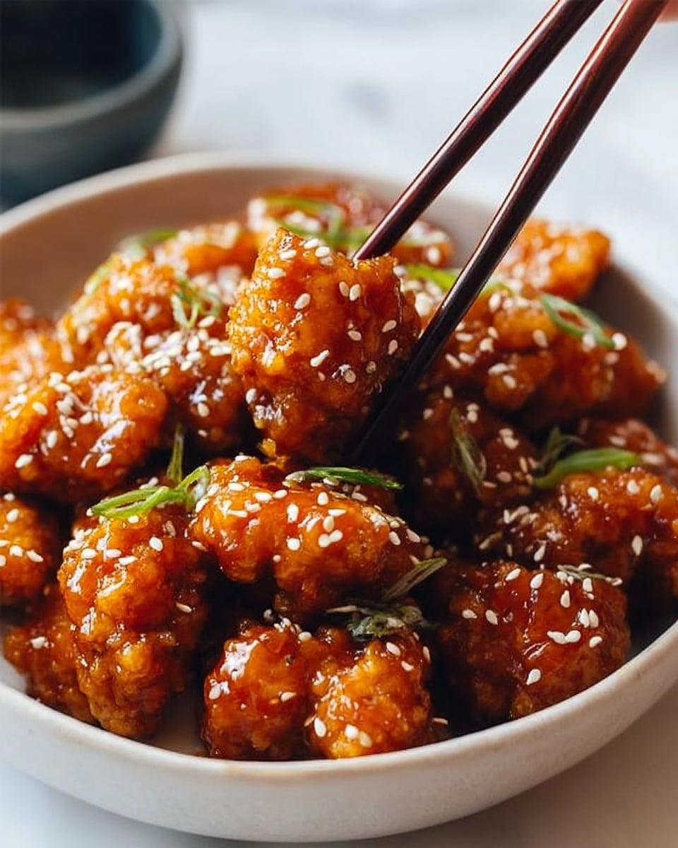A close-up view of a bowl filled with crispy fried chicken pieces coated in thick, shiny orange-brown sauce, sprinkled with white sesame seeds and chopped green onions on top. The chicken pieces look crunchy with a rough texture partly visible under the smooth sauce. A pair of dark wooden chopsticks held by a woman's hand pick up one piece from the bowl. The bowl is white with a slight curve, sitting on a white marbled surface. photo taken with an iphone --ar 4:5 --v 7