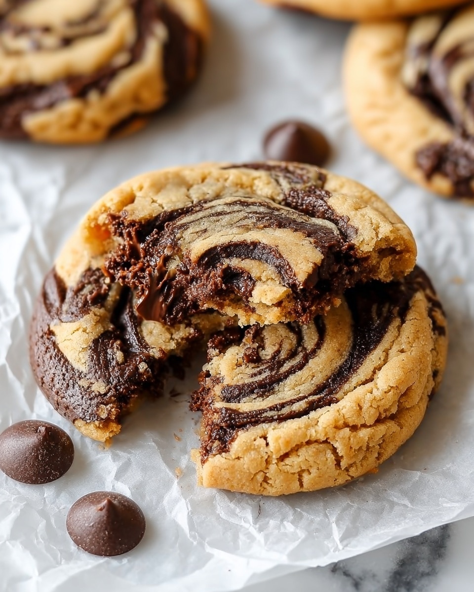 The image shows a close-up view of several swirled cookies arranged closely on a white plate. Each cookie has two main layers: a light golden-brown dough forming the base and outer swirl, and a deep dark brown chocolate dough creating the inner swirl. On top of the cookies, there are glossy patches of melted chocolate that add a shiny texture and rich dark brown color contrast. The edges of the cookies are slightly cracked, showing a soft but firm texture. The plate rests on a white marbled surface, giving a clean and bright background to the warm colors of the cookies. photo taken with an iphone --ar 4:5 --v 7