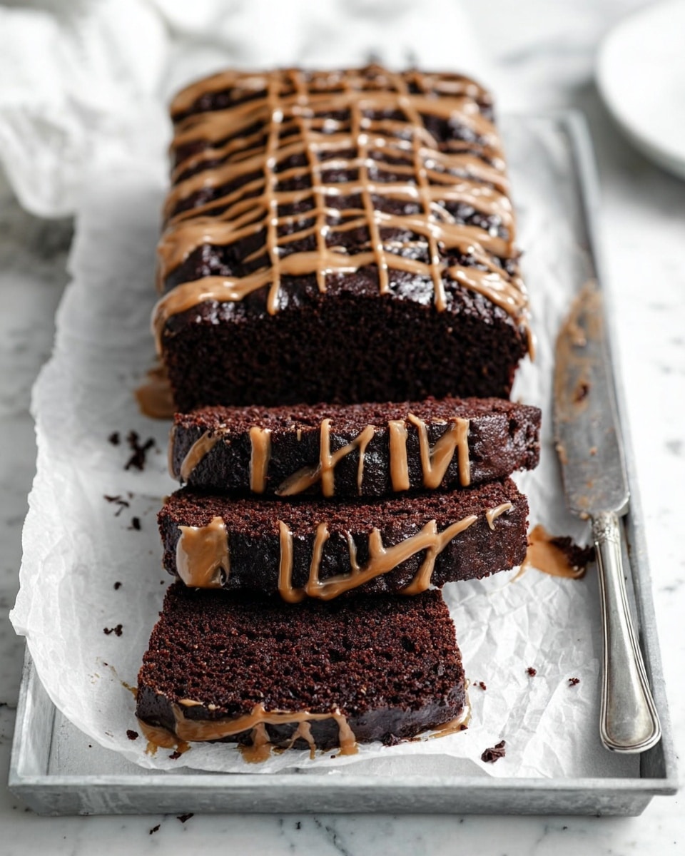 A dark chocolate loaf cake sits centered on a white baking tray lined with white parchment paper. The cake has about one thick layer, dark brown and dense in texture, with a thick light brown glaze drizzled in thick zigzag lines across the top. The glaze puddles slightly on the paper below. To the sides of the tray, on the white marbled surface, there are two knives with metal handles placed parallel to the cake. Several white plates are stacked blurred in the background, along with a glass milk bottle. A woman's hand is partially visible on the left side, resting near the tray. The overall scene has soft, natural lighting and a clean, light atmosphere. photo taken with an iphone --ar 4:5 --v 7