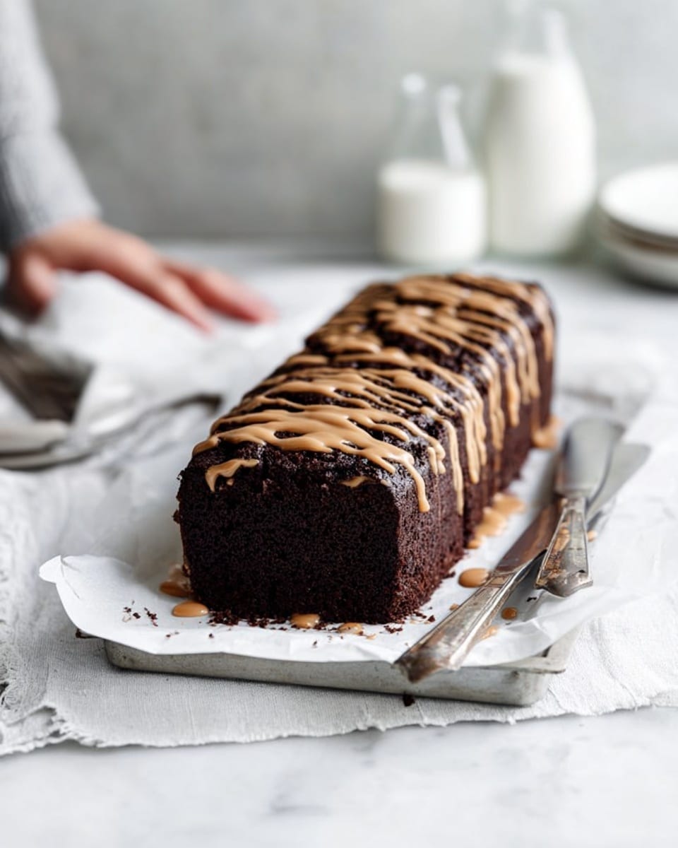 A dark chocolate loaf cake sliced into four thick pieces is placed on white parchment paper on a metal baking tray. The cake has a rich, moist texture with a shiny, drizzled light brown glaze on top, crossing each slice and the whole loaf in uneven lines. One slice at the bottom is unglazed, showing the deep dark brown inside. A silver knife rests beside the cake on the tray, and the background is a white marbled texture. Photo taken with an iphone --ar 4:5 --v 7