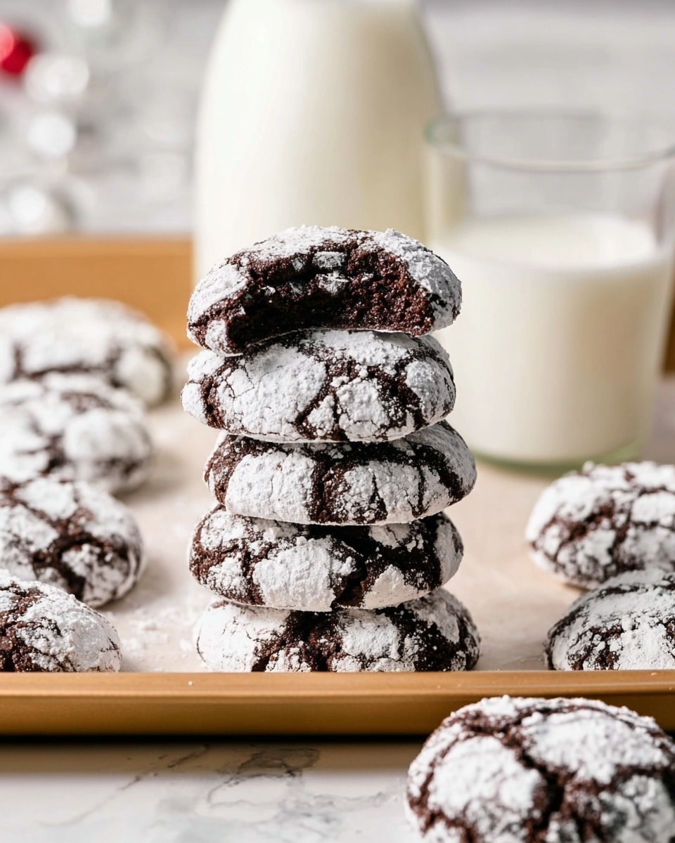 A stack of six round chocolate crinkle cookies sits in the center, each cookie dark brown with a cracked surface dusted heavily with white powdered sugar, the top cookie has a bite taken out showing a soft and moist dark chocolate inside. Surrounding the stack are more cookies scattered on a light tan baking tray with a white rim. In the blurry background, there is a clear glass filled with white milk and a glass bottle also filled with milk. The whole scene is on a white marbled surface. photo taken with an iphone --ar 4:5 --v 7