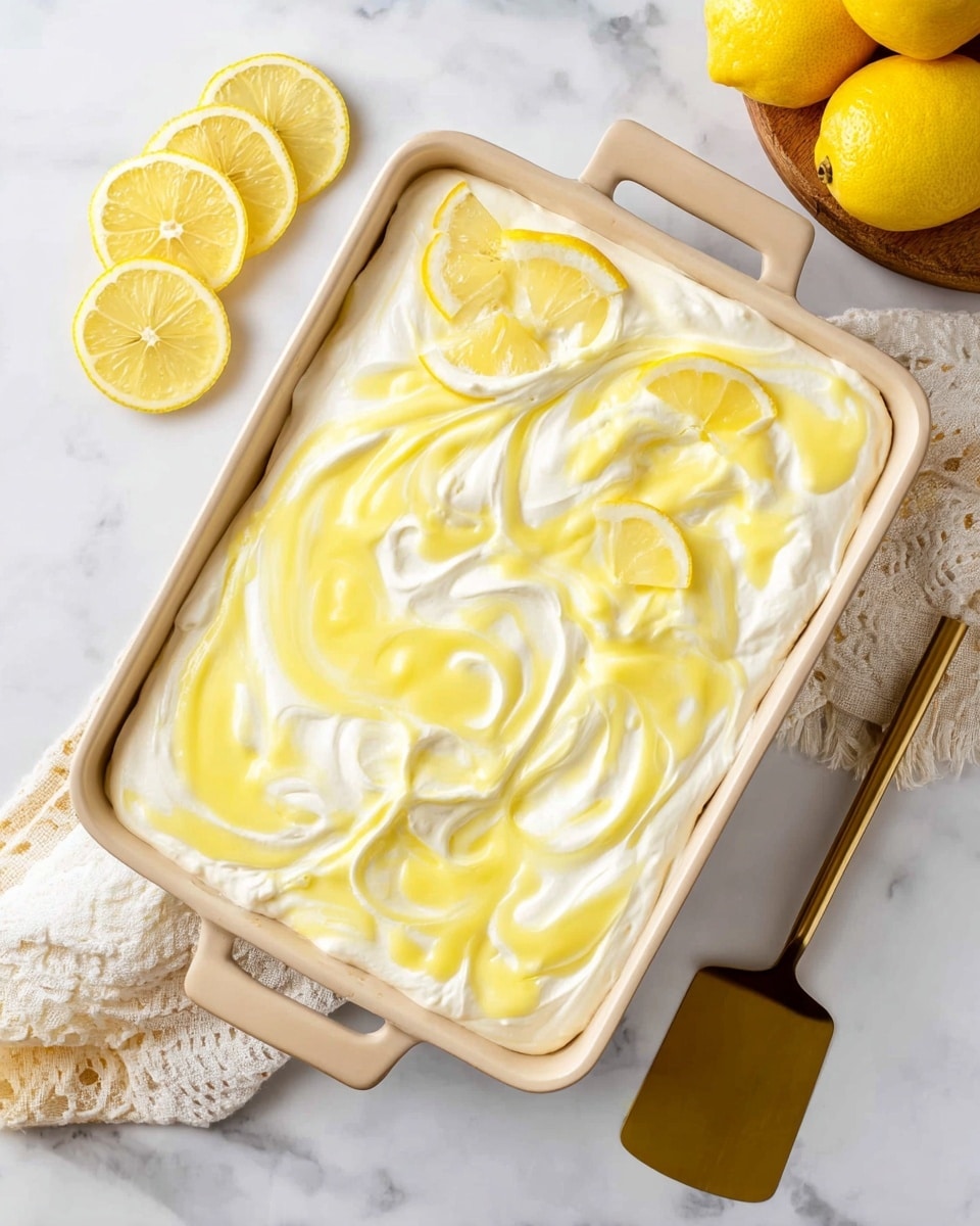 A square piece of layered dessert sits on a white plate with a scalloped edge on a white marbled surface. The dessert has five visible layers: a light beige sponge cake base, a thick layer of white cream, a bright yellow lemon curd layer, another sponge cake layer similar to the base, and a thick top layer of fluffy white whipped cream with small lemon zest sprinkles on top. In the background, there is a white bowl filled with the same whipped cream and lemon zest, and blurred white plates and gold forks are stacked. A gray and white checkered cloth is partially visible in the foreground. photo taken with an iphone --ar 4:5 --v 7