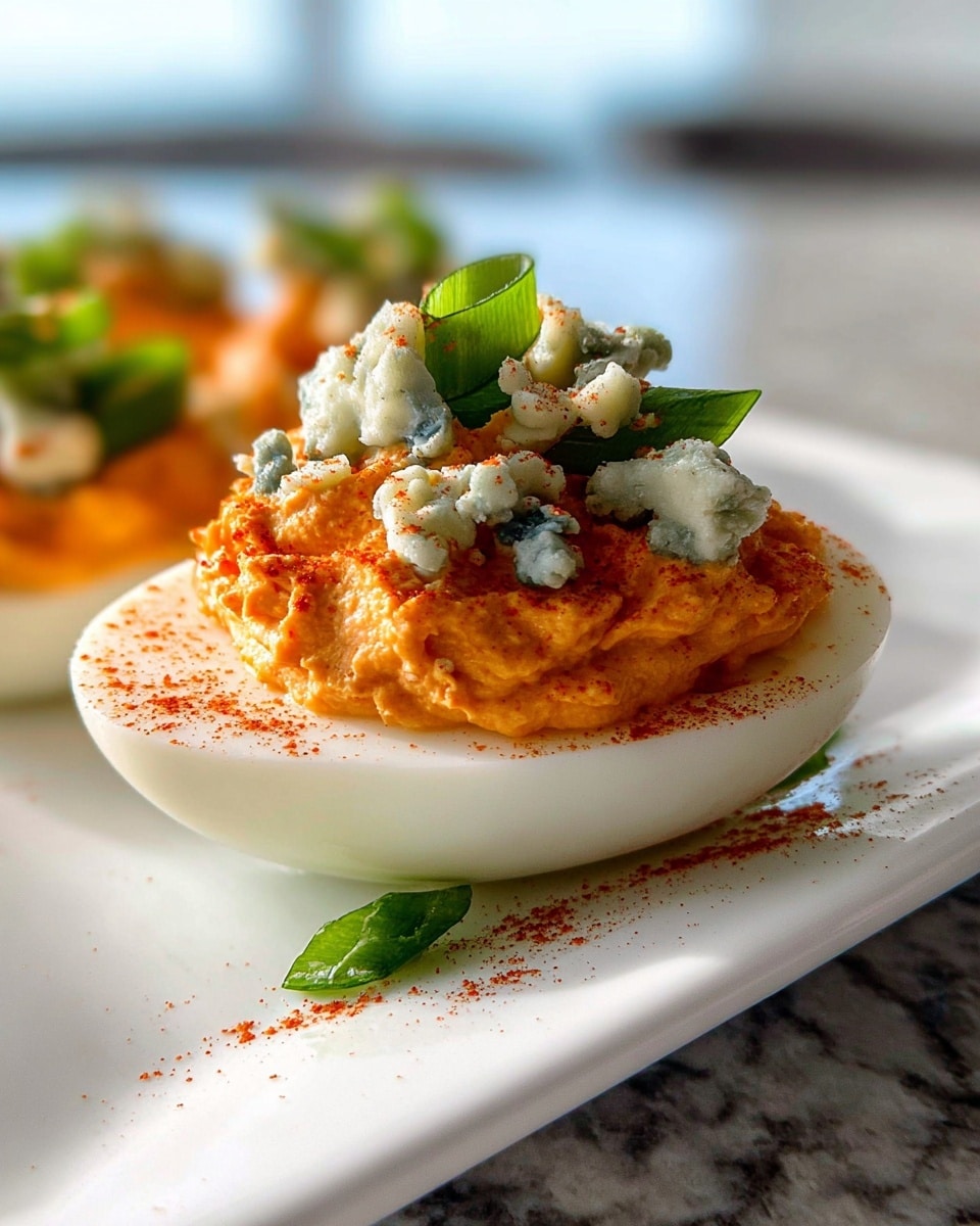 The image shows a close-up of deviled eggs arranged on a long, white serving dish placed on a white marbled surface. Each egg is halved with smooth, white egg whites holding a textured, creamy orange filling dusted with red paprika. On top of the orange filling, there are small chunks of creamy blue cheese and fresh green onion leaves, adding texture and color contrast. The focus is sharp on the front egg, while the other eggs blur softly into the background, showing depth and light catching each ingredient. Photo taken with an iphone --ar 4:5 --v 7