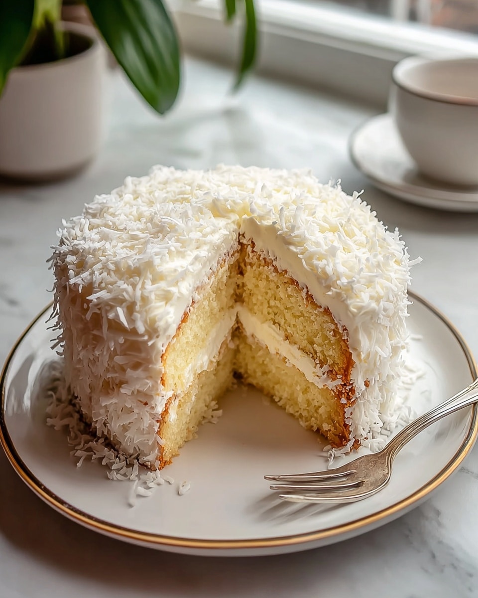 A two-layer round cake is shown with a thick, white creamy filling between the layers and covered in a similar white creamy frosting all over. The frosting is topped with shredded coconut flakes, which also surround the base of the cake. A slice is removed from the cake, revealing light golden-yellow sponge inside. The cake sits on a white plate with a thin gold rim, placed on a white marbled surface. A fork rests on the plate beside the cake, and there is soft natural light coming from a nearby window. In the background, a blurred plant in a white pot is visible. Photo taken with an iphone --ar 4:5 --v 7