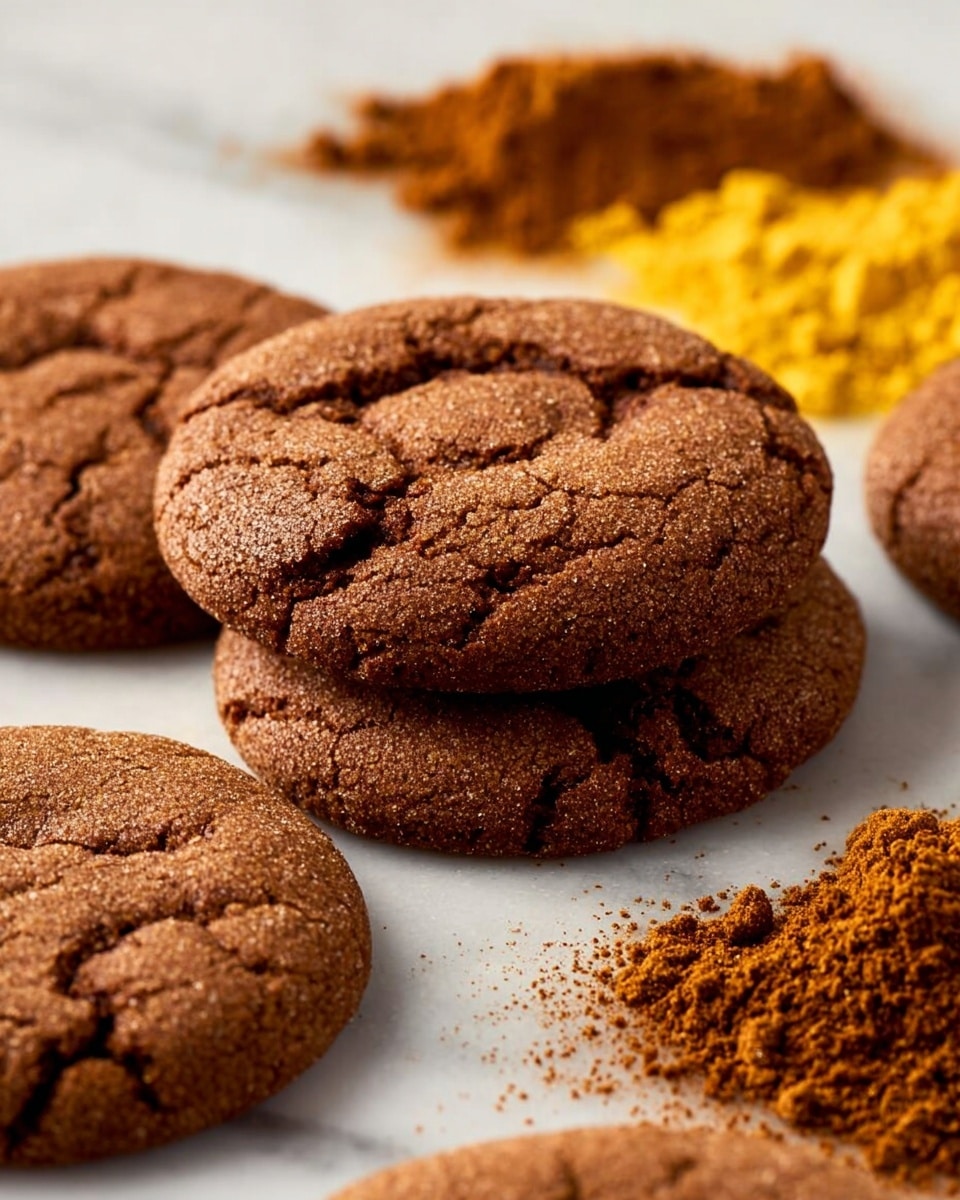 The image shows several round brown cookies with a cracked surface and rough texture spread out on a white marbled surface. In the center, two cookies are stacked slightly overlapping each other, showing their thickness and soft look. Behind the cookies, there are two small piles of powder, one yellow and the other brown, adding color contrast to the scene. The cookies look soft and chewy with a slightly crisp outer layer. photo taken with an iphone --ar 4:5 --v 7