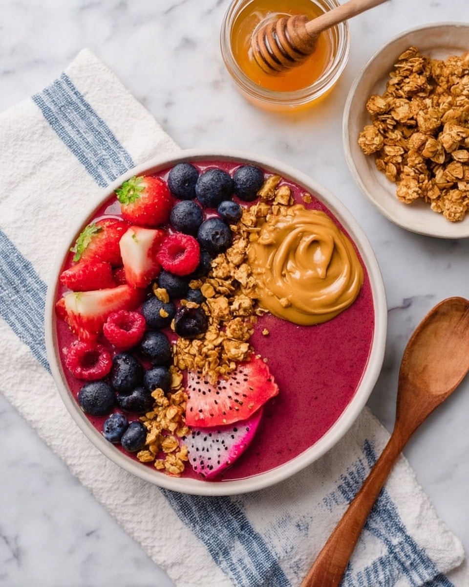 A close-up view of a bowl layered with a thick purple smoothie base that fills the bottom, topped with several distinct layers positioned on the surface: bright red raspberries on the left, halved dark red cherries just above them, a small heap of golden crunchy granola next to the cherries, a smooth swirl of light brown peanut butter to the right of the granola, bright red and black speckled slices of dragon fruit beside the peanut butter, and a cluster of fresh dark blue blueberries in the top right corner. All these toppings sit neatly on the dense smoothie base against a white marbled textured background. Photo taken with an iphone --ar 4:5 --v 7
