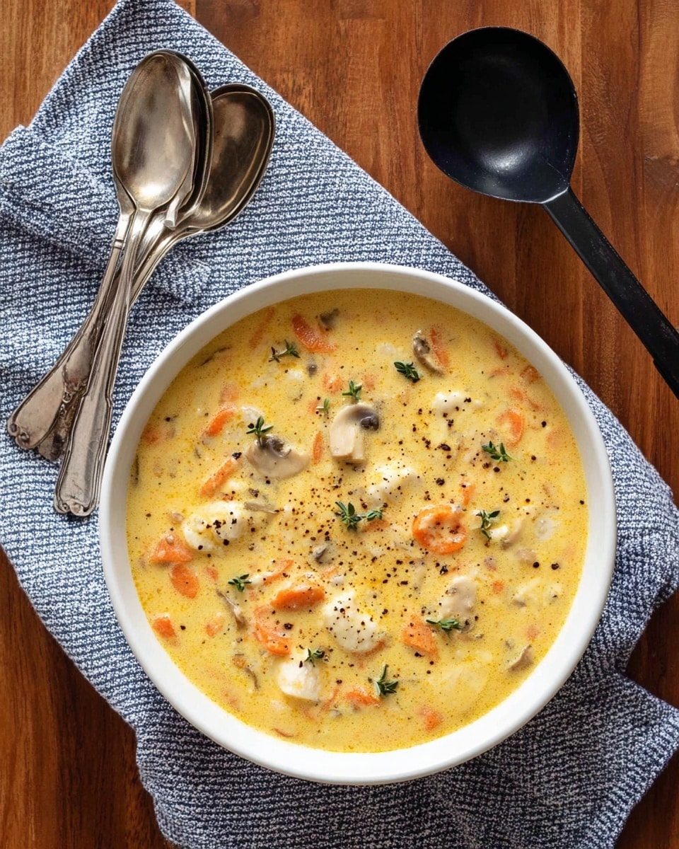 A large white bowl filled to the top with thick creamy yellow soup, showing visible small pieces of orange carrots, white chicken strips, and pale yellow corn, sprinkled with green herb leaves and small black pepper dots on the surface. The bowl has small handles on each side and is placed on a blue and white checked cloth. In the background, there are four stacked white bowls with two silver spoons inside the top bowl, all on a wooden table. Photo taken with an iphone --ar 4:5 --v 7
