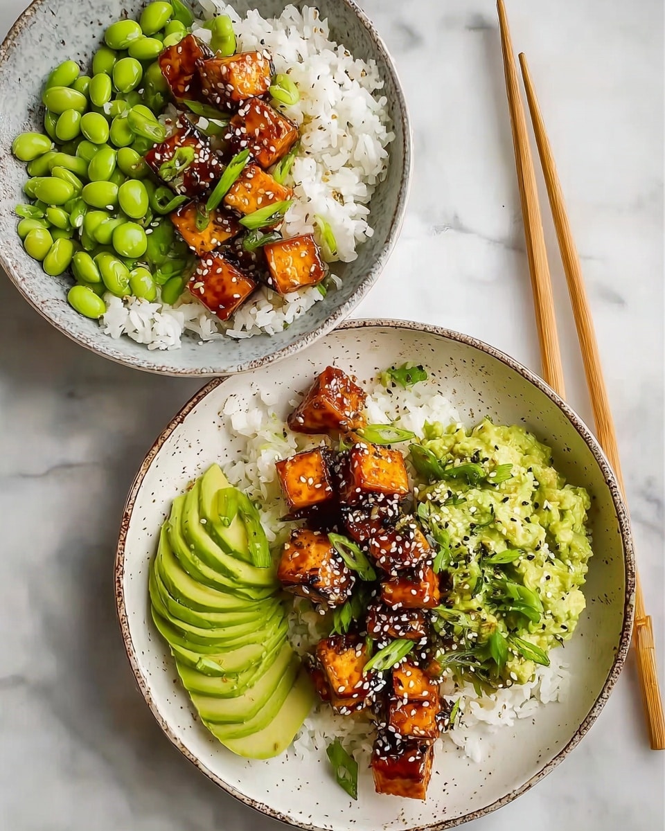 Two bowls and a pair of chopsticks are placed on a white marbled surface. The first bowl is filled with a base layer of white rice, topped with bright green edamame beans on one side, thin slices of light green avocado arranged neatly next to the beans, and cubed tofu glazed with a shiny brown sauce, sprinkled with black and white sesame seeds and small green scallions on top. The second plate has a base of white rice spread around the edges, with a middle layer of mashed avocado mixed with some edamame beans, topped with glazed tofu cubes scattered along the center, garnished with chopped scallions and sprinkled sesame seeds. The chopsticks rest diagonally near the second plate. photo taken with an iphone --ar 4:5 --v 7