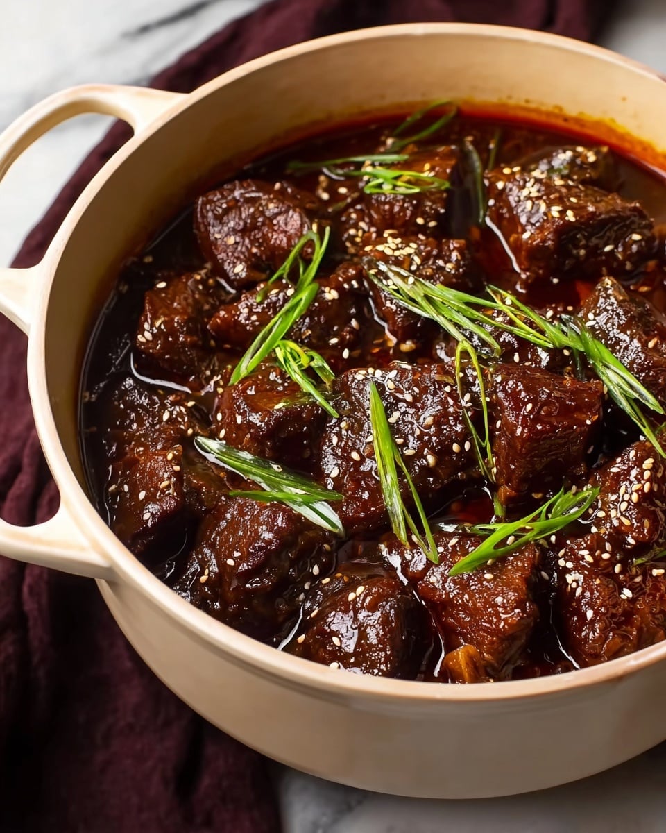 A white square plate holds a serving of white rice as the base layer, soft and fluffy in texture. On top, there is a thick layer of dark brown shredded meat covered in a glossy, rich sauce that looks sticky and savory. Bright green fresh cilantro leaves are scattered generously over the meat and rice. A silver fork pierces a chunk of the shredded meat, lifting it slightly above the plate. The plate is set on a white marbled surface. Photo taken with an iphone --ar 4:5 --v 7