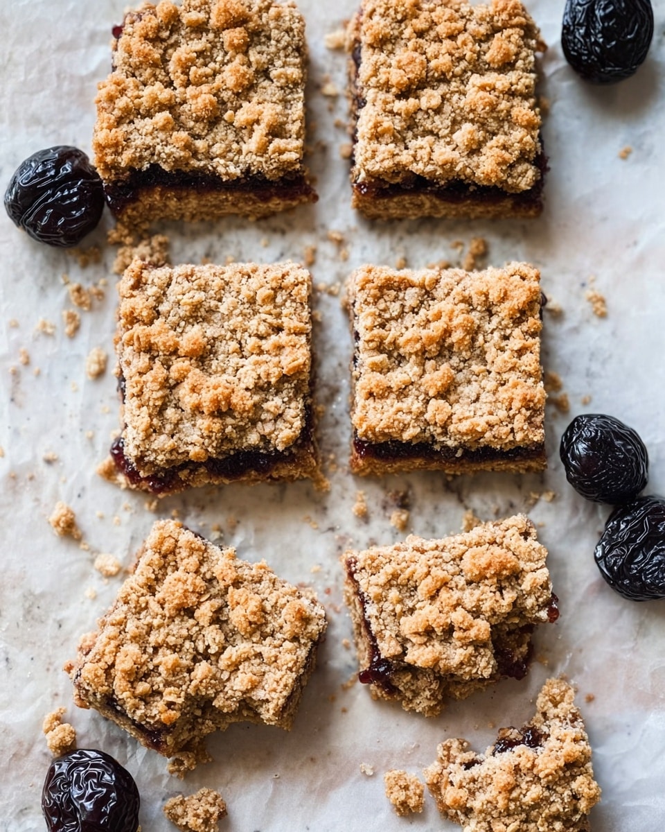 The image shows a close-up of two square oat bars stacked on top of each other on a piece of parchment paper with a white marbled texture underneath. Each bar has three layers: the top and bottom are light brown and crumbly with a rough texture, and the middle layer is dark purple, smooth, and jam-like, visible in between the oat layers. Around the bars, some scattered oat crumbs and two dark dried fruit pieces are placed, adding extra texture and contrast to the scene. The overall appearance is rustic and inviting. photo taken with an iphone --ar 4:5 --v 7