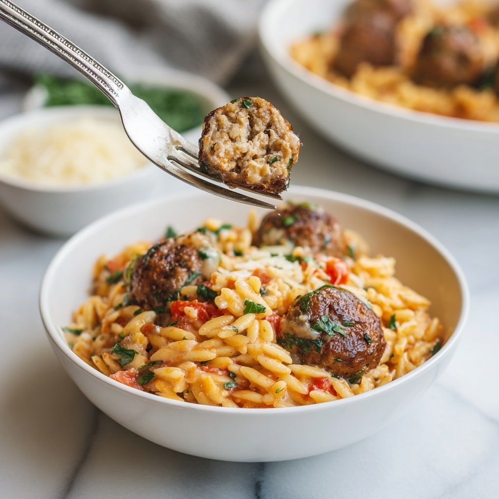 A close-up view of a white bowl filled with creamy orzo pasta mixed with small pieces of greens and bits of tomato, topped with several browned meatballs coated in a light creamy sauce. A silver fork holds a cut meatball above the bowl, showing a moist, textured inside. In the soft-focused background, there is a white bowl with more of the pasta and meatballs, and a small white bowl with grated cheese. The setting is on a white marbled texture surface. photo taken with an iphone --ar 4:5 --v 7