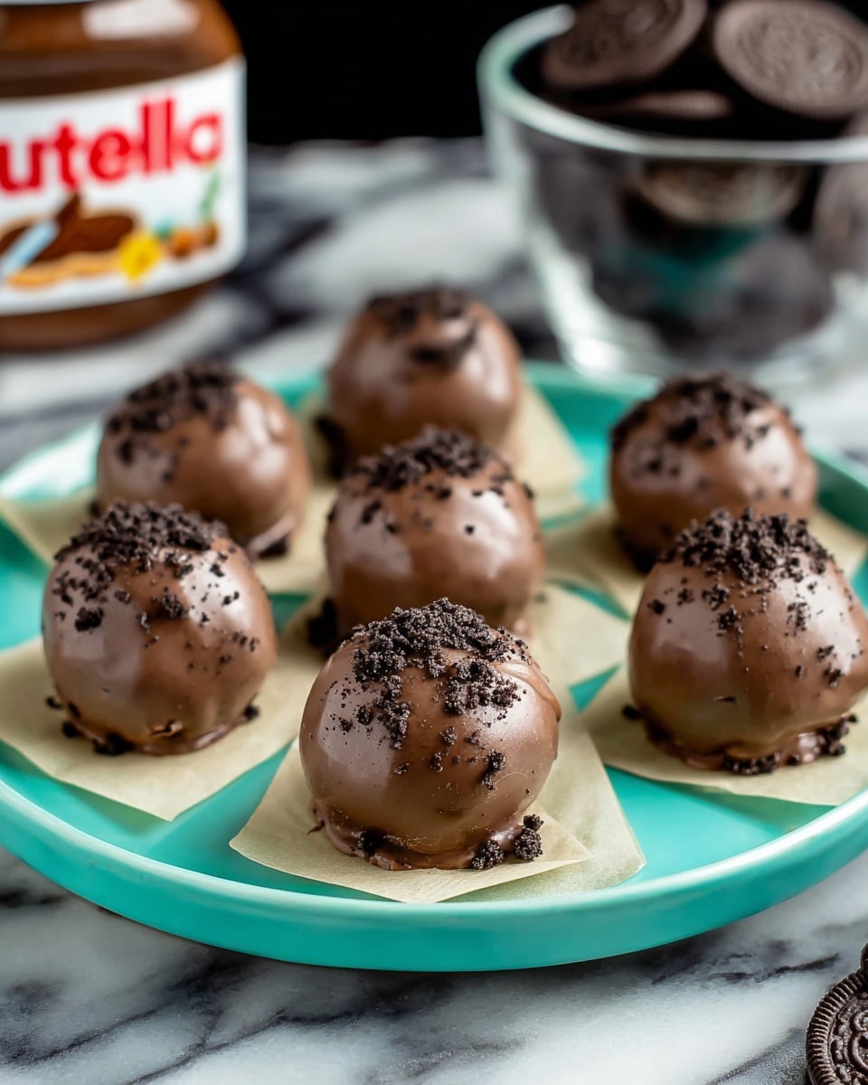 The image shows eight round chocolate balls placed on small pieces of light beige parchment paper, laid out on a white plate with a turquoise green inner surface. Each chocolate ball has a smooth, glossy milk chocolate layer with small black cookie crumbs sprinkled on top, giving a textured finish. The turquoise plate is positioned on a white marbled surface. In the background, there is a blurred jar of Nutella and a clear glass bowl filled with dark chocolate sandwich cookies. Photo taken with an iphone --ar 4:5 --v 7