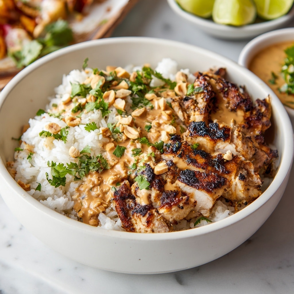 A white bowl filled with two main layers: on the left side, there is a bed of white steamed rice with visible fluffy grains, topped with scattered green cilantro leaves and chopped peanuts. On the right side and covering part of the rice is a layer of golden-brown grilled chicken pieces, showing charred grill marks and a slightly shiny texture from a creamy light brown sauce drizzled over them with small bits of green herbs mixed in. Around the bowl, there are lime wedges on a white marbled surface, and other dishes are partially visible in the background. photo taken with an iphone --ar 4:5 --v 7