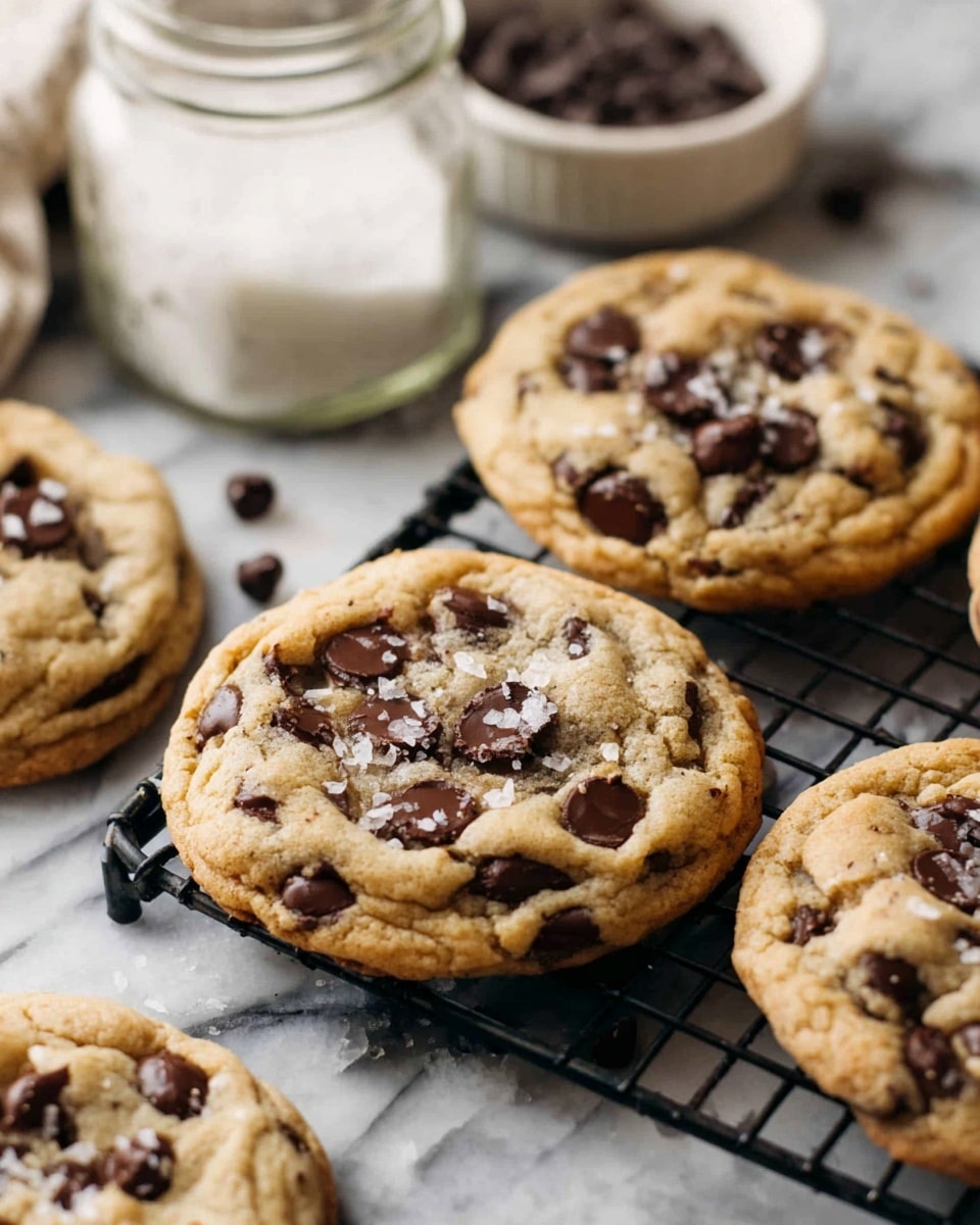 The image shows several chocolate chip cookies cooling on a black wire rack, placed on a white marbled surface. The cookies are golden brown with a soft, slightly cracked texture, dotted heavily with dark chocolate chips. A few coarse salt flakes are sprinkled on the top of each cookie, adding a subtle contrast. In the background, there is a clear glass jar filled with granulated salt, and a white bowl with extra chocolate chips scattered around. The scene is warmly lit, focusing on the inviting texture and color of the cookies. photo taken with an iphone --ar 4:5 --v 7