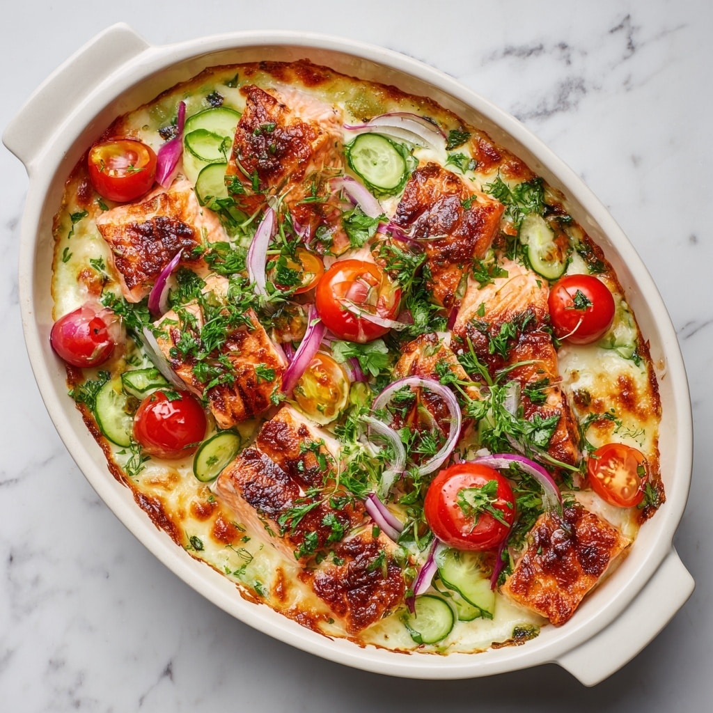 A close-up view of a layered creamy casserole on a white plate, showing three main layers; the bottom layer is a thick mix of shredded chicken and creamy rice with visible small bits of vegetables and herbs, the middle layer is a golden-brown baked cheesy crust that adds texture, and the top layer is colorful with halved bright red cherry tomatoes, dark purple sliced olives, chunks of light green cucumber, thin slices of red onion, dollops of white crumbled cheese, all sprinkled with finely chopped green parsley, all set on a white marbled surface. photo taken with an iphone --ar 4:5 --v 7