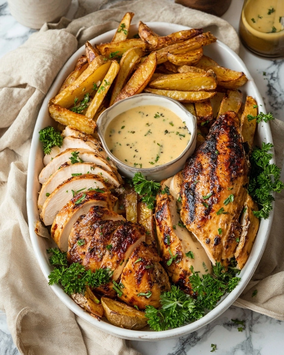 A close-up of a piece of roasted chicken breast held by a fork, showing three visible layers: the outer crispy dark golden-brown skin with herbs, a thin middle layer of slightly browned cooked meat, and the inner white tender cooked meat, all juicy and textured. Below, more slices of roasted chicken with herb seasoning and golden skin rest in a white bowl. To the side, there are roasted potato wedges with a browned, crispy surface. Fresh green parsley adds a fresh touch beside the chicken. The scene is set on a white marbled surface with soft natural lighting. photo taken with an iphone --ar 4:5 --v 7