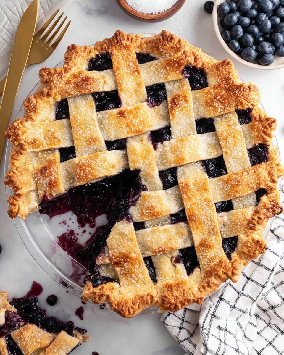 A round blueberry pie with a golden brown lattice crust on top, showing a few thick woven strips with a slightly crunchy texture and a sprinkling of sugar crystals; underneath the lattice, a deep purple, glossy, thick blueberry filling is visible, especially where two slices have been cut and slightly pulled apart near the bottom left, revealing whole berries and syrup dripping onto the clear pie dish; the pie sits on a white marbled surface with scattered whole blueberries nearby, a bowl of raw sugar on the top right, and a white cloth with black lines and two gold forks on the bottom left; photo taken with an iphone --ar 4:5 --v 7