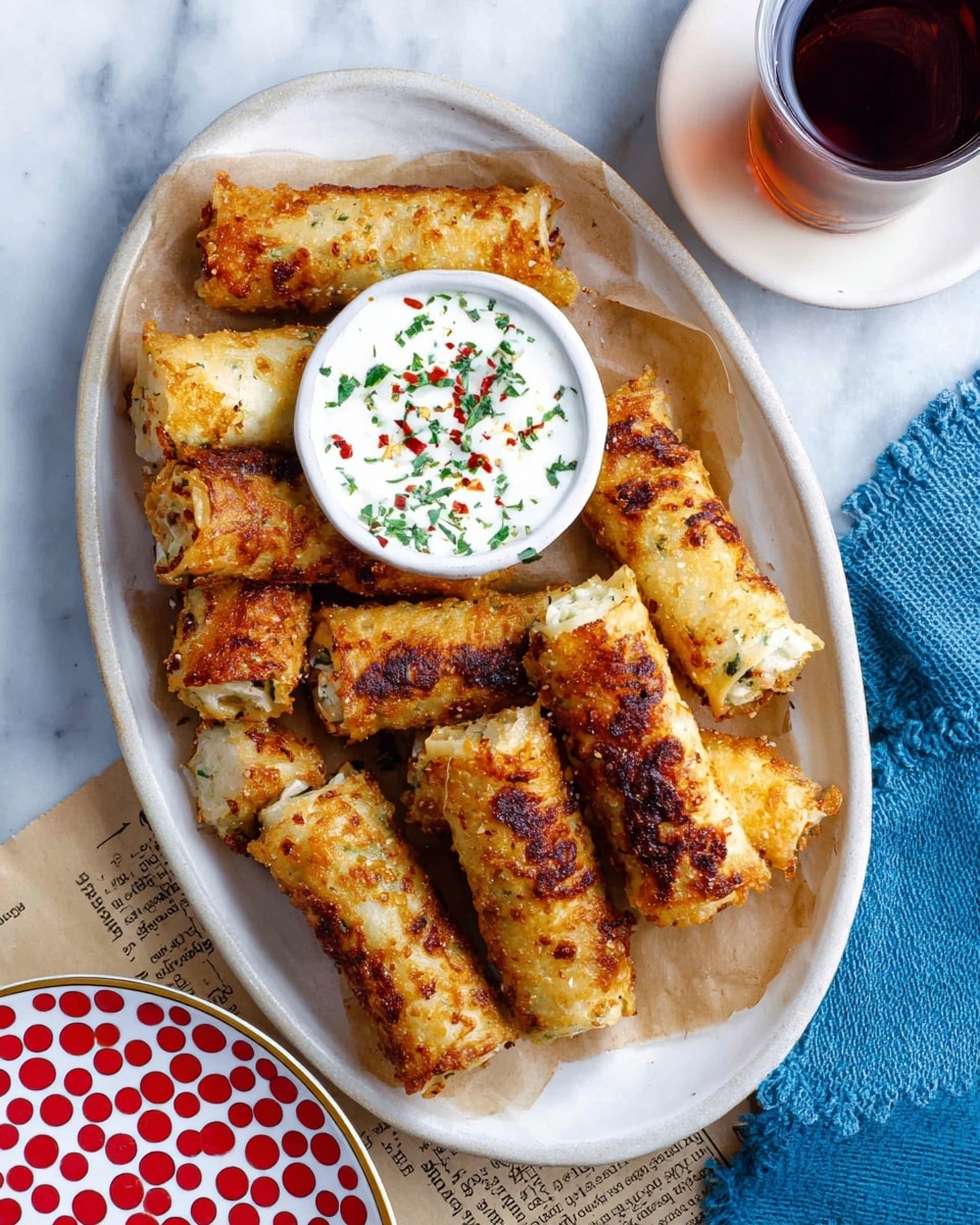 The image shows a white oval plate filled with about twelve golden-brown crispy rolls that are slightly charred in places, each about finger-sized and arranged close together on a piece of brown parchment paper. At the top center on the plate is a small white bowl filled with white creamy sauce, sprinkled with green herbs and red chili flakes. The plate sits on a white marbled surface, next to a saucer decorated with large red dots and a glass of dark tea. A blue cloth and a piece of newspaper are partially visible around the plate. photo taken with an iphone --ar 4:5 --v 7