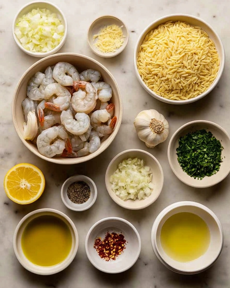 A black pan filled with a layered dish starting with a base of long, thin yellow rice mixed with chopped green herbs and small white onion pieces. On top, there are pink-orange cooked shrimp arranged evenly across the rice, with black olive slices scattered around. Several thin lemon slices with bright yellow color sit on top as garnishes. The texture looks moist with some small white crumbles, possibly cheese, adding contrast. A wooden spoon is partially submerged on the right side, and a blue cloth napkin is placed near the pan, all set on a white marbled surface. Photo taken with an iphone --ar 4:5 --v 7