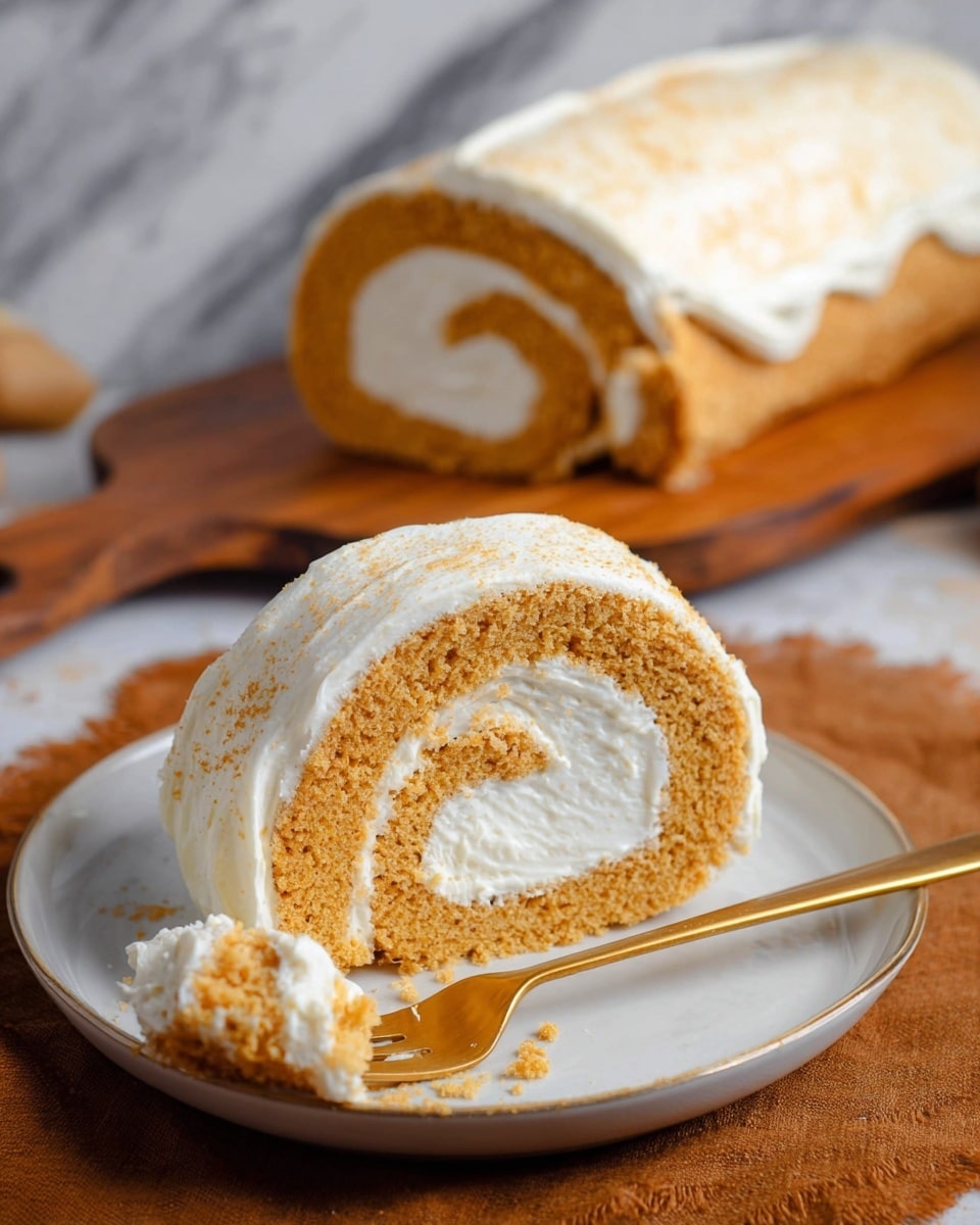 A rolled cake with a golden brown outer sponge layer, covered with a thick, creamy white frosting that is textured with soft ridges and dusted lightly with cinnamon powder on top. Inside, a swirl of fluffy white cream fills the center, surrounded by the light brown sponge cake, showing a smooth spiral pattern. The cake rests on white parchment paper, placed on a round wooden board, with a white marbled textured surface in the background. Nearby, there is a cinnamon stick and a sprig of greenery to the right. Photo taken with an iphone --ar 4:5 --v 7