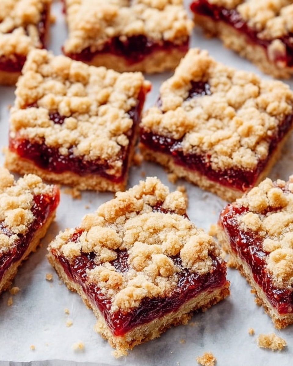 The image shows a stack of five square bars arranged closely on a white plate, each bar having three layers: a thick, golden-brown crumbly base as the bottom layer, a glossy, deep red jam filling in the middle, and a top layer of golden crumbly dough with bits of chopped nuts scattered unevenly. The bars appear soft with a slightly rough texture on top, and the jam peeks through the cracks in the crumbly dough. Nearby on a white marbled surface, there is a small white bowl filled with the same deep red jam, and some scattered nuts around the plate. The scene is brightly lit, giving a warm and inviting look. photo taken with an iphone --ar 4:5 --v 7