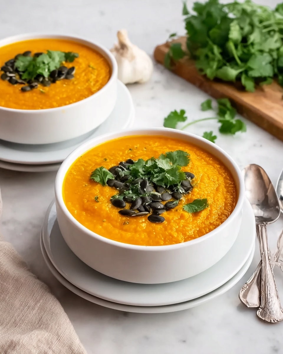 Two white bowls are filled with bright orange soup that has a smooth, thick texture. Each bowl is garnished with fresh green cilantro leaves and dark green pumpkin seeds arranged in a curved line near the edge. There are small white seeds sprinkled lightly on top as well. The bowls sit on a white marbled surface with a wooden board holding fresh cilantro and a garlic bulb nearby. Two silver spoons rest on a soft beige cloth in the lower right corner. Two small white bowls with various seeds are placed near the soup bowls. Photo taken with an iphone --ar 4:5 --v 7