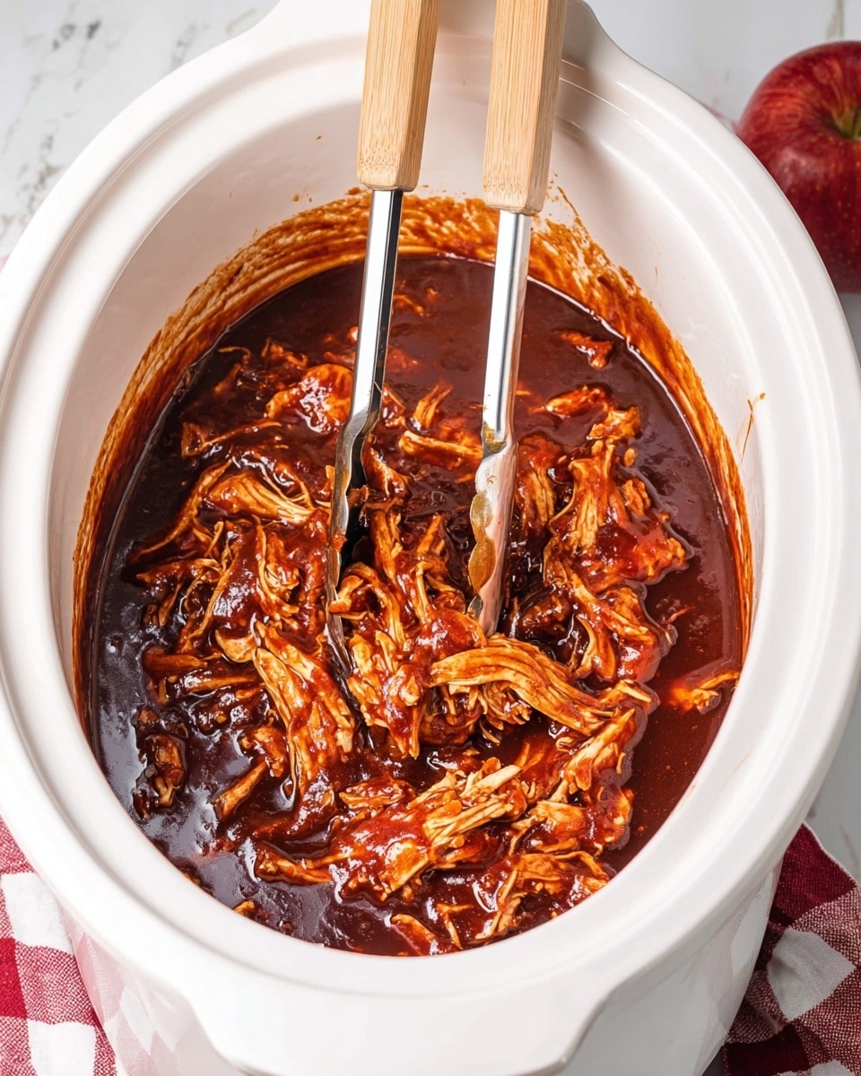 A close-up view of a pulled barbecue chicken sandwich on a white burger bun, showing three main layers: the bottom golden-brown bun, a thick layer of dark reddish-brown saucy pulled chicken with glossy texture, and a creamy coleslaw mixture on top, made of shredded cabbage and carrots in a pale dressing with specks of black pepper; the sandwich sits on a wooden board, with another sandwich slightly blurred in the background, accompanied by a white bowl filled with more coleslaw, all set on a white marbled surface with a soft kitchen backdrop. photo taken with an iphone --ar 4:5 --v 7