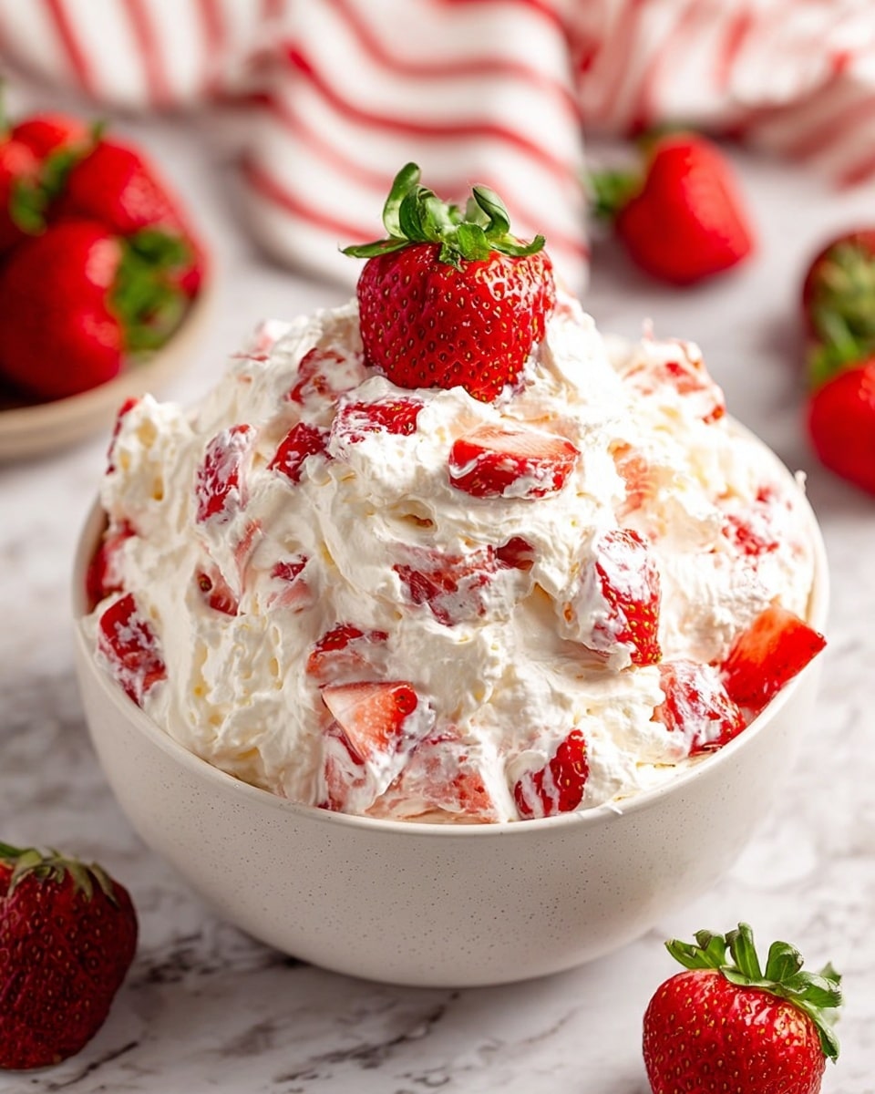 The image shows a close-up of a spoon holding a creamy mixture with visible large chunks of bright red and orange strawberries folded into thick, white whipped cream. The background features more of the same mixture with scattered strawberry pieces, all against a white marbled surface. The spoon is held by a woman's hand, and the soft texture of the whipped cream contrasts with the juicy, slightly glossy strawberries. Photo taken with an iphone --ar 4:5 --v 7
