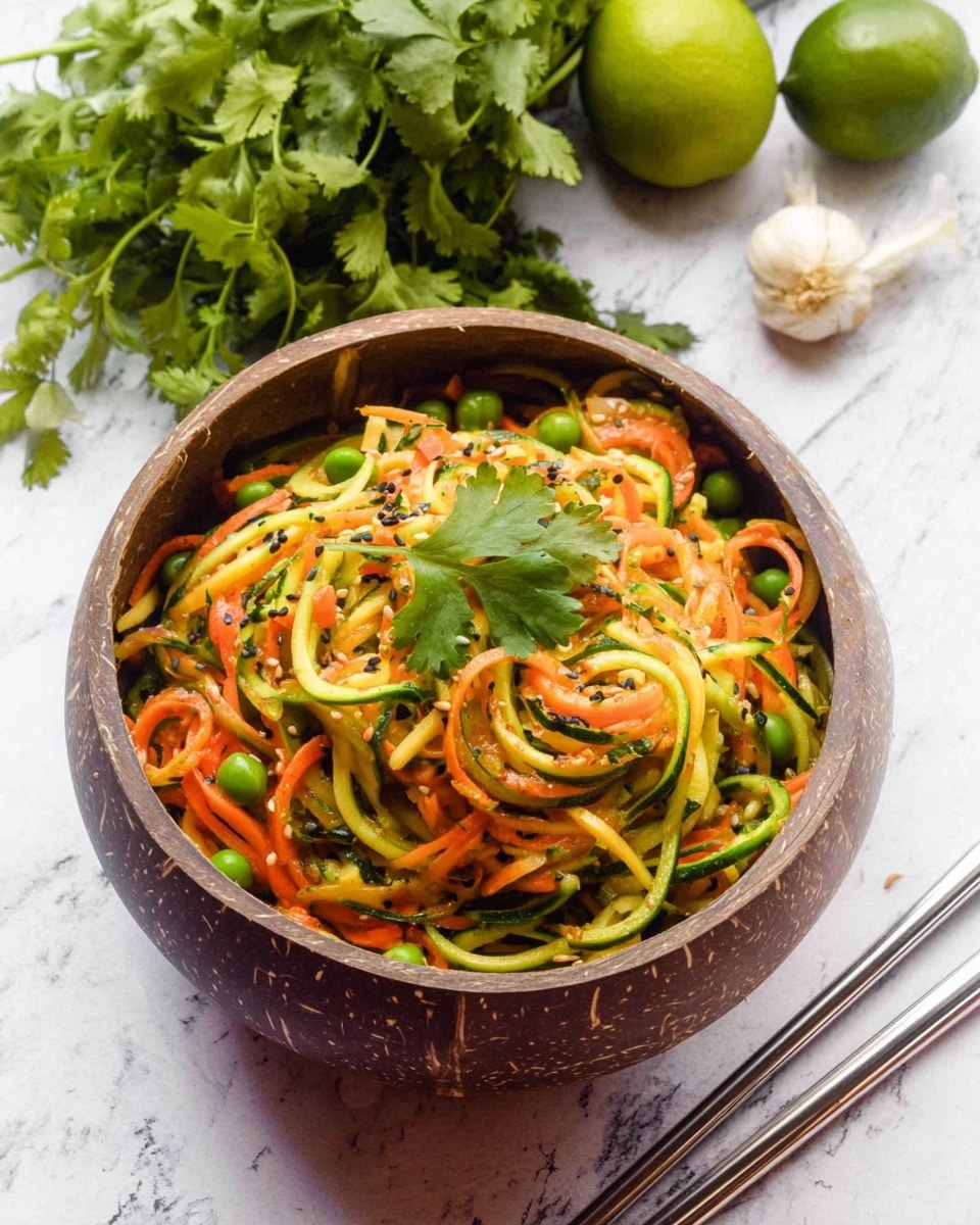 A close-up image shows a bowl of spiralized vegetable noodles in bright colors including orange, yellow, and green, with thin slices of red peppers mixed in. The noodles look fresh and slightly glossy, topped with small green cilantro leaves and sprinkled with black sesame seeds. Black chopsticks lift a twisted portion of the noodles from a round wooden bowl, showing the tangled mix of textures and colors against a soft white marbled background. Photo taken with an iphone --ar 4:5 --v 7