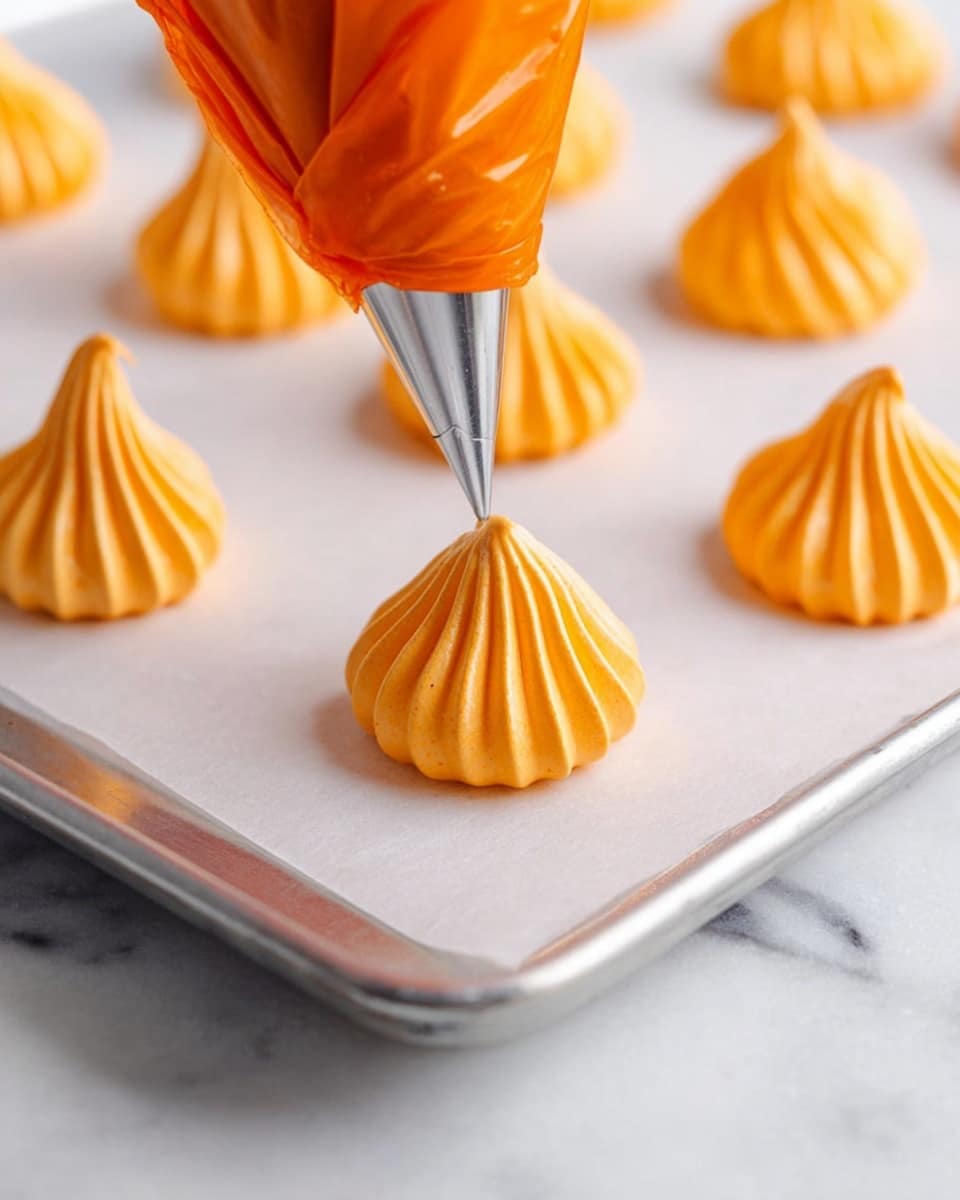 The image shows several small pumpkin-shaped desserts that have a bright orange color with a smooth, slightly ridged texture. Each dessert has a small green stem made of icing on the top. They are placed on white parchment paper on a dark wooden tray, with some more desserts and real pumpkins blurred in the background. The surface underneath has a white marbled texture, giving a clean and bright look. The shapes are round and compact with a slight shine, showing crisp edges on the ridges. photo taken with an iphone --ar 4:5 --v 7