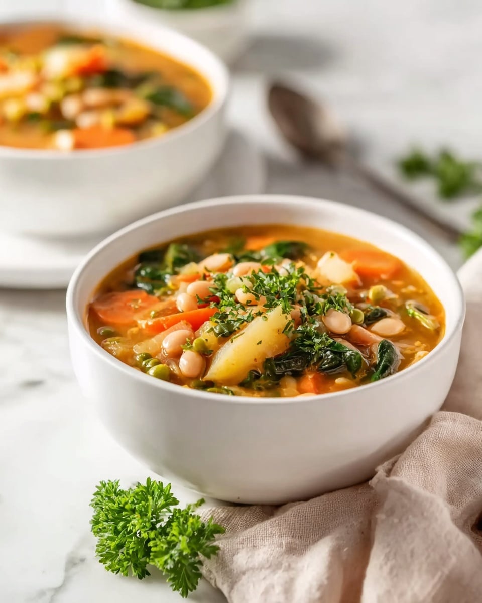 A close-up of a white bowl filled with thick vegetable soup placed on a white marbled surface, showing multiple layers starting with a golden-brown broth base mixed with white beans and green peas, topped with bright orange carrot slices and pale potato chunks, scattered with dark green leaves of spinach and garnished with a fresh parsley sprig on the side, with a soft beige cloth and silver spoon next to the bowl and a blurred second bowl of soup in the background, photo taken with an iphone --ar 4:5 --v 7