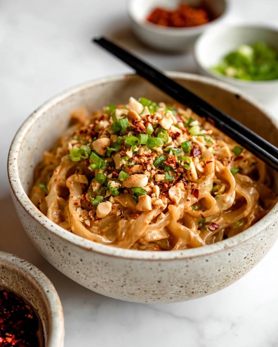 A white speckled bowl filled with thick, light brown noodles coated in a creamy sauce, topped with chopped green onions, crushed peanuts, and red chili flakes. Two black chopsticks rest on the edge of the bowl. In the background are two small white bowls, one blurred but showing a green sauce and the other with a reddish mix. The bowl sits on a white marbled surface. photo taken with an iphone --ar 4:5 --v 7