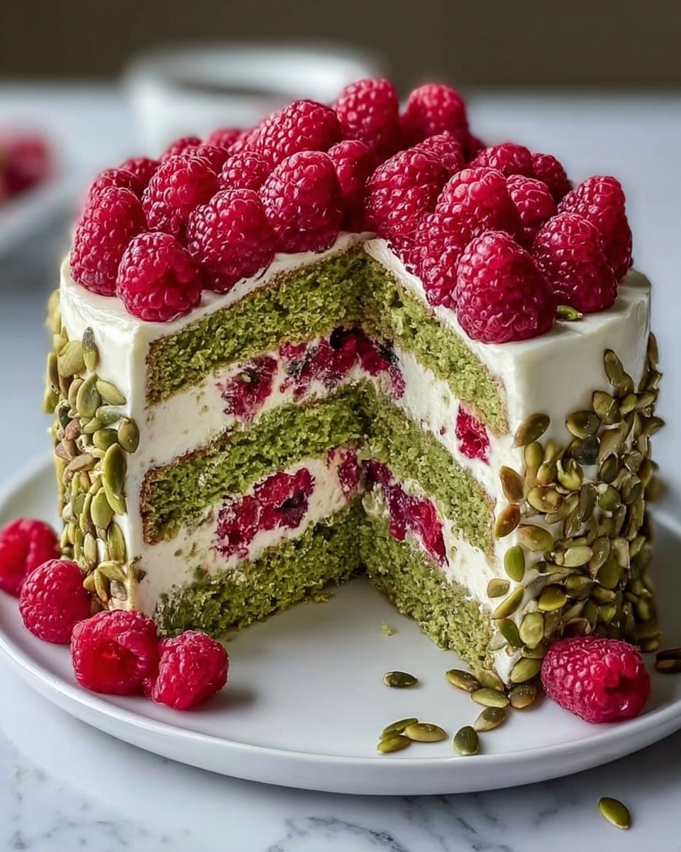 The image shows a slice of cake with three layers, each having a green sponge base. The bottom layer is green sponge with a layer of cream and scattered red berries inside. The middle layer is another green sponge, topped with cream and more red berries. The top layer is thick cream with a few red berries mixed in. The outside of the cake is covered in smooth white cream, decorated on the sides with chopped green pistachios. The top of the cake slice is piled high with fresh red raspberries. The slice sits on a white plate, placed on a white marbled surface, with a few scattered pistachios and raspberries around it. photo taken with an iphone --ar 4:5 --v 7