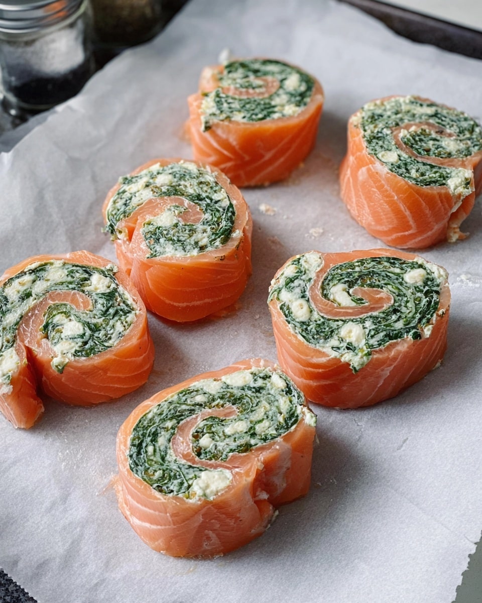 Six raw salmon pinwheels sit on white baking paper over a white marbled surface. Each pinwheel has two visible layers: a smooth, pink-orange outer layer of salmon rolled tightly around a green spinach and white cheese filling that is textured and spread in a thick spiral through the center. The pinwheels vary slightly in size but are uniformly thick and round. The background shows a partial view of seasoning containers, and the lighting is natural, highlighting the fresh colors and moist texture of the salmon. Photo taken with an iphone --ar 4:5 --v 7