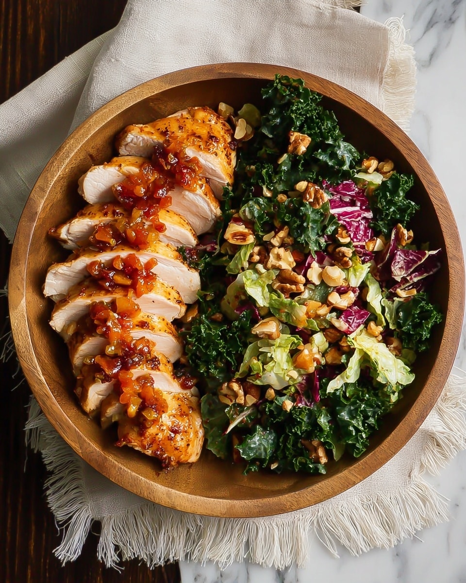 Sliced cooked chicken breast with a golden brown skin is arranged in a row on the left side of a white wooden bowl, topped with small pieces of diced tomato or sauce. On the right side, there is a colorful mixed salad with layers of dark green kale, light green and purple red lettuce, and scattered light brown nuts. The bowl is set on top of a white marbled surface near a light beige cloth with fringes. photo taken with an iphone --ar 4:5 --v 7
