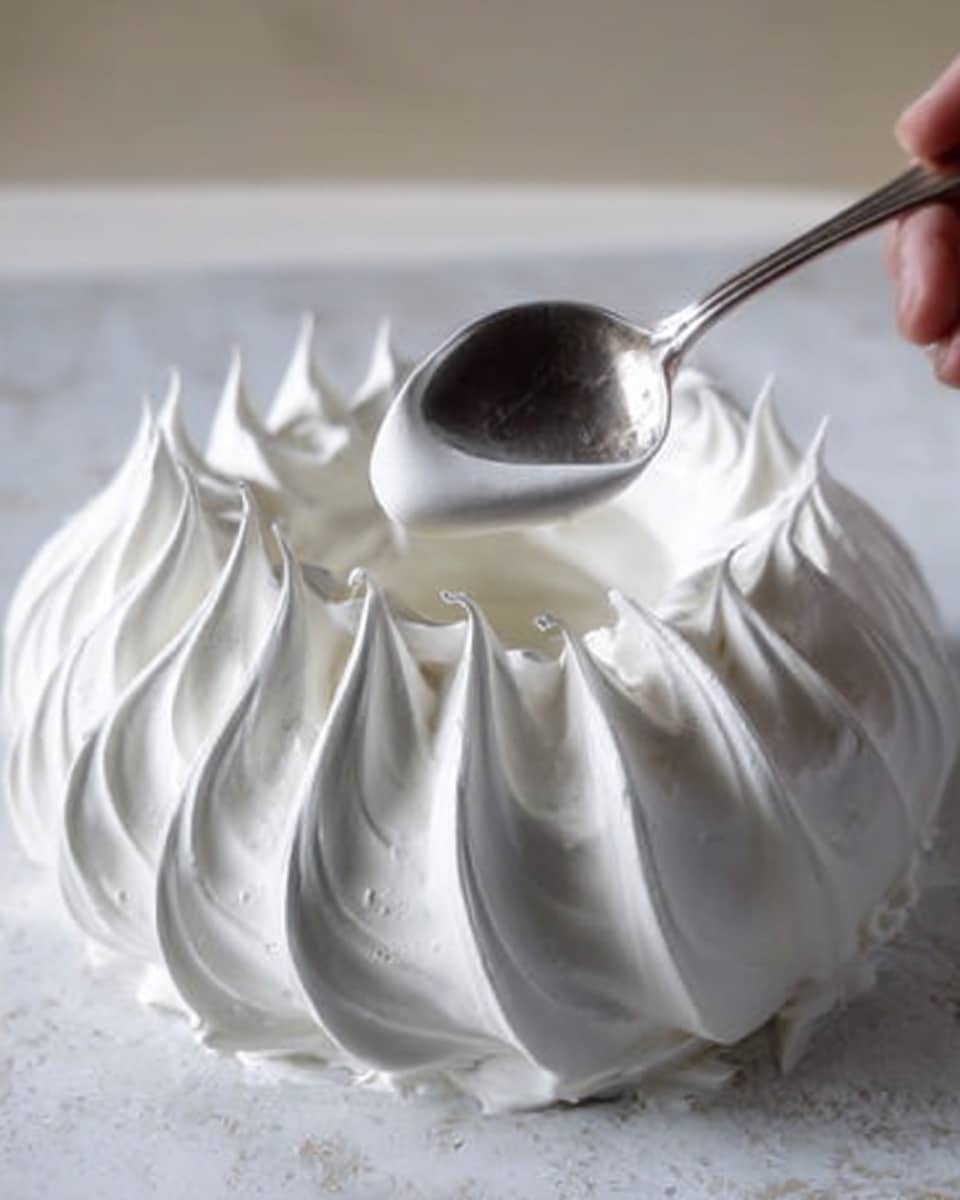 A close-up image of a white meringue wreath with a smooth and glossy surface placed on a white marbled textured table. The meringue has tall, pointed peaks around the outer edge, and a woman's hand is holding a spoon pressing gently on the inside edge of the wreath, showing a shiny metallic texture of the spoon contrasting with the soft swirls of the meringue. The background is softly blurred, focusing on the bright white meringue and silver spoon. Photo taken with an iphone --ar 4:5 --v 7