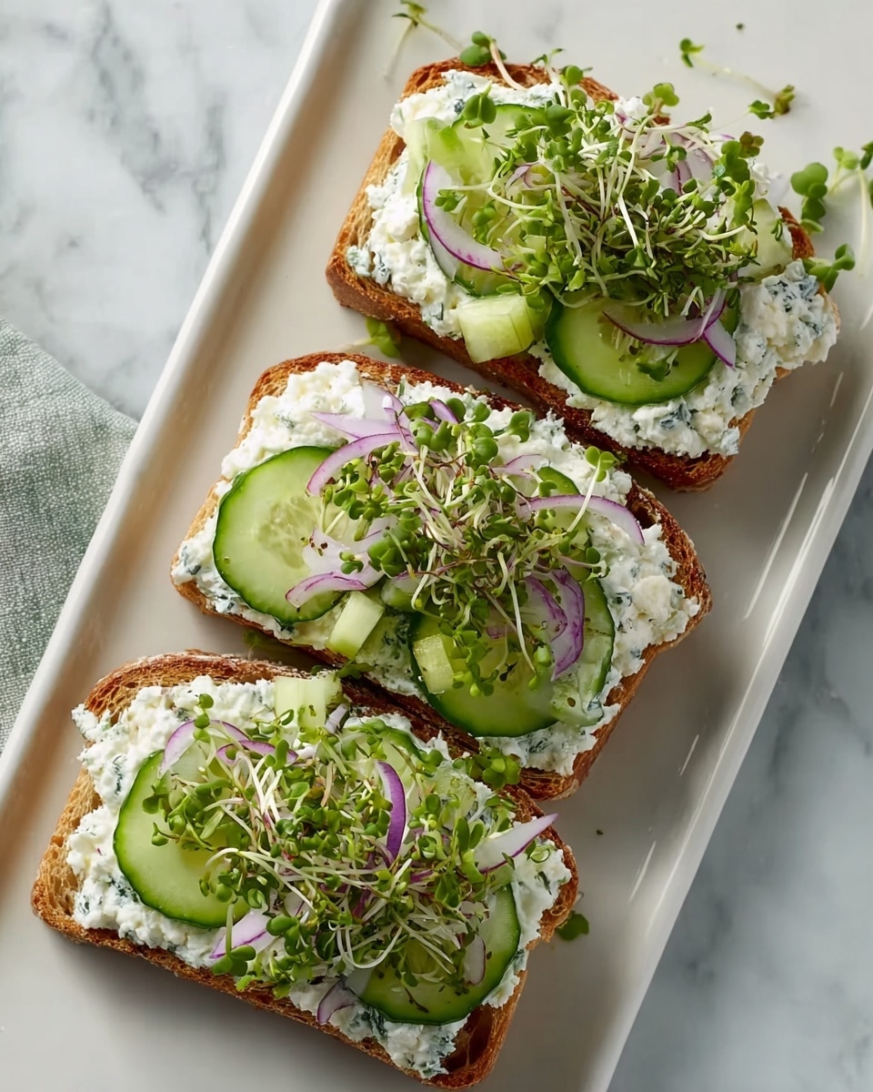 Three slices of toasted whole grain bread are placed on a white rectangular plate on a white marbled surface. Each toast has a thick layer of white cottage cheese mixed with green herbs spread evenly on top. On the cheese layer, there are small green cucumber pieces and thin slices of purple onion arranged. Fresh green sprouts are liberally scattered on all three toasts, adding a fresh touch. Photo taken with an iphone --ar 4:5 --v 7