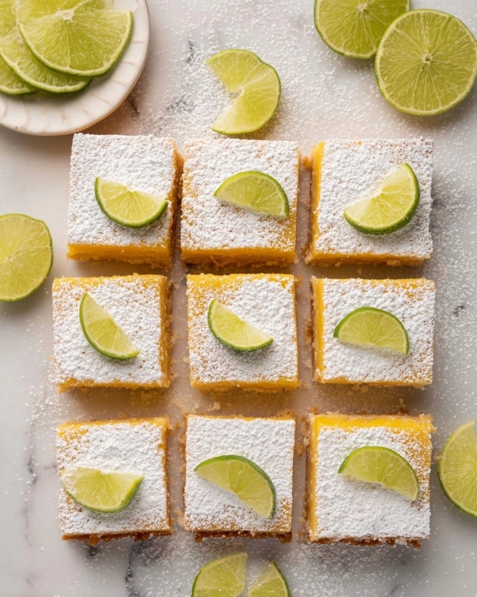The image shows nine square lemon bars arranged in a grid on a white marbled surface. Each bar has two visible layers: a light tan, crumbly base layer and a bright yellow, smooth lemon layer on top. The top of each bar is dusted with a thick layer of white powdered sugar. Each lemon bar is garnished with a small, thin slice of lime placed in the center. Around the bars, there are extra lime wedges scattered, with some on a small white plate in the upper left corner. The whole scene is well-lit, with soft natural light highlighting the textures and colors. Photo taken with an iphone --ar 4:5 --v 7