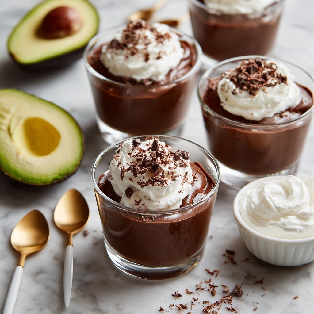 Four clear glass cups each hold a rich, dark brown chocolate mousse layer topped with a dollop of soft, white whipped cream. On the whipped cream, there are thin, dark chocolate shavings scattered evenly. The cups sit on a white marbled surface with a copper spoon nearby. A dark gray cloth adds texture in the background. The mousse's thick, creamy texture contrasts with the airy whipped cream and the crunchy chocolate shavings on top. photo taken with an iphone --ar 4:5 --v 7
