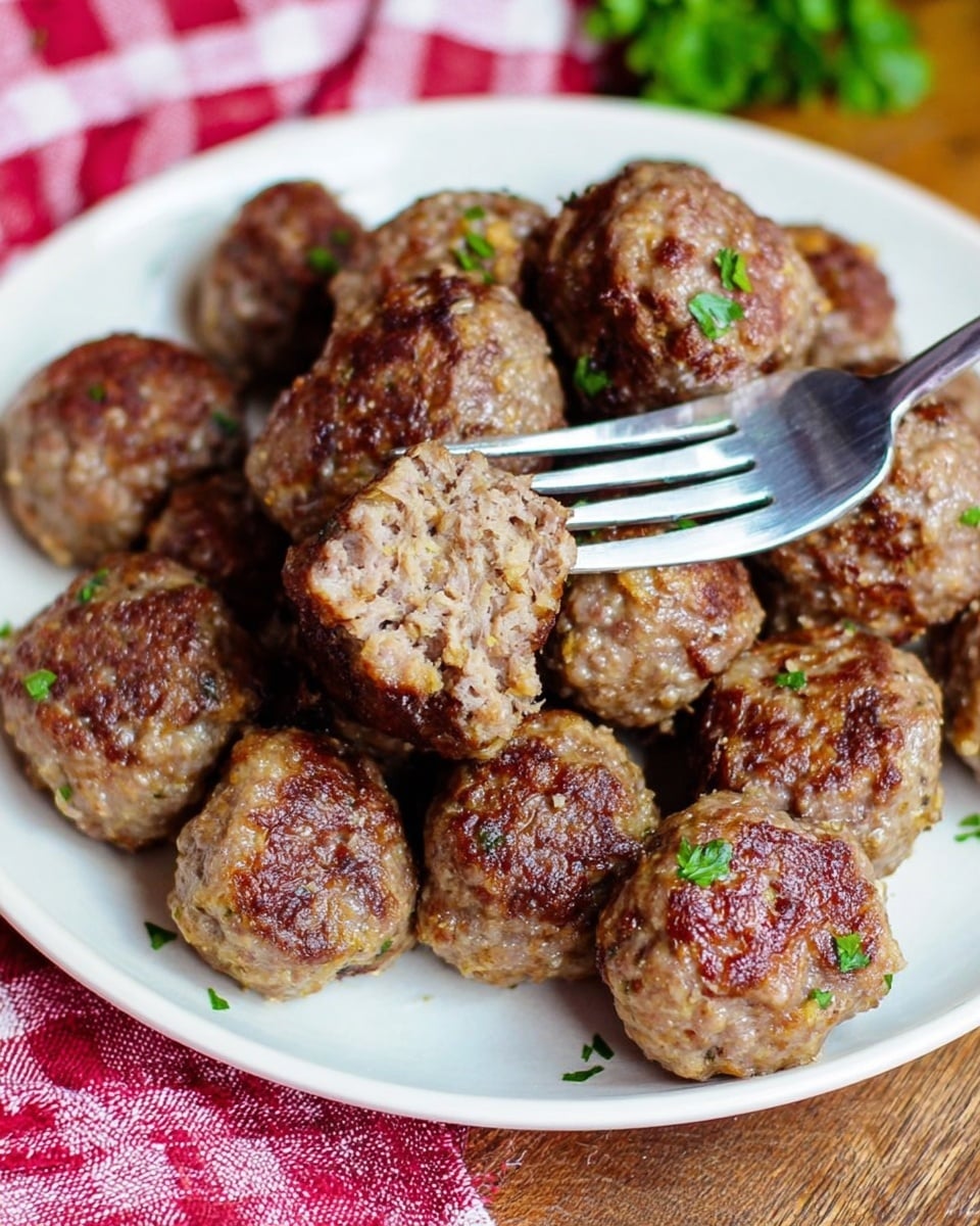 The image shows four stages of making meatballs, all set on a white marbled surface. The top left part has a clear glass bowl with raw ground meat in dark pink color, topped with different dry ingredients like light yellow powder, off-white crumbs, chopped green herbs, and some black pepper and salt, all resting separately on meat. The top right part shows the same bowl after mixing, with a smooth, uniform pinkish meat mix that has some green herb bits spread evenly inside. The bottom left part shows 18 raw round meatball balls, much darker pink with small white bits, placed neatly in rows on white parchment paper on a metal tray. The bottom right part shows the same round meatballs after cooking, now dark brown and shiny, with a few fresh green herbs sprinkled on top, sitting on the same white parchment paper on a metal tray. Photo taken with an iphone --ar 4:5 --v 7