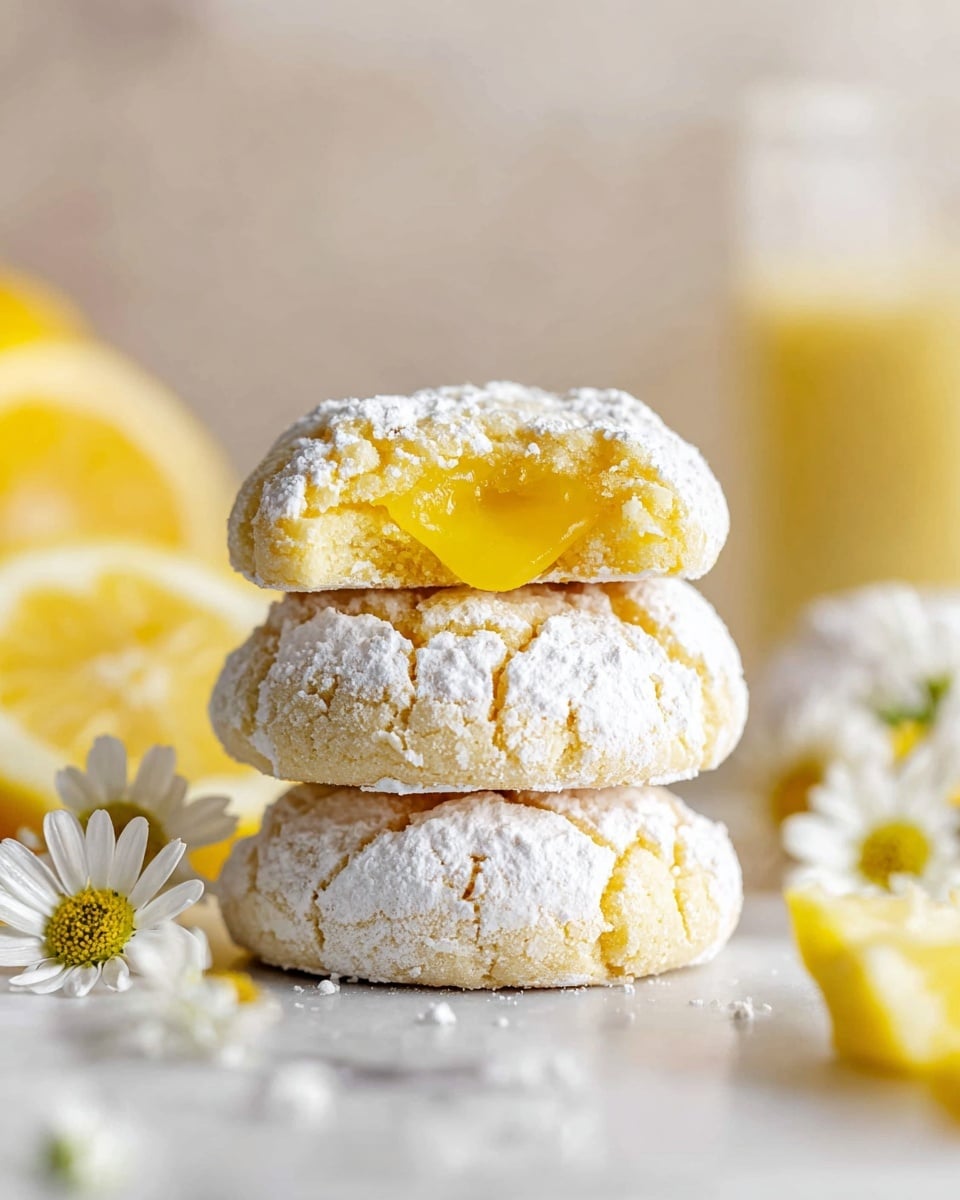 The image shows several round cookies with a cracked white powdered sugar outer layer and a bright yellow glossy filling in the center. Each cookie has a rough texture with white cracks, and the yellow center looks smooth and slightly shiny. One cookie in the middle front has a bite taken out of it, revealing a soft and moist inside, and it is topped with a small white flower with a yellow center. The cookies are placed on a white marbled surface, with two lemon halves blurred in the background. The photo is bright with soft shadows and a clean, fresh look. Photo taken with an iphone --ar 4:5 --v 7