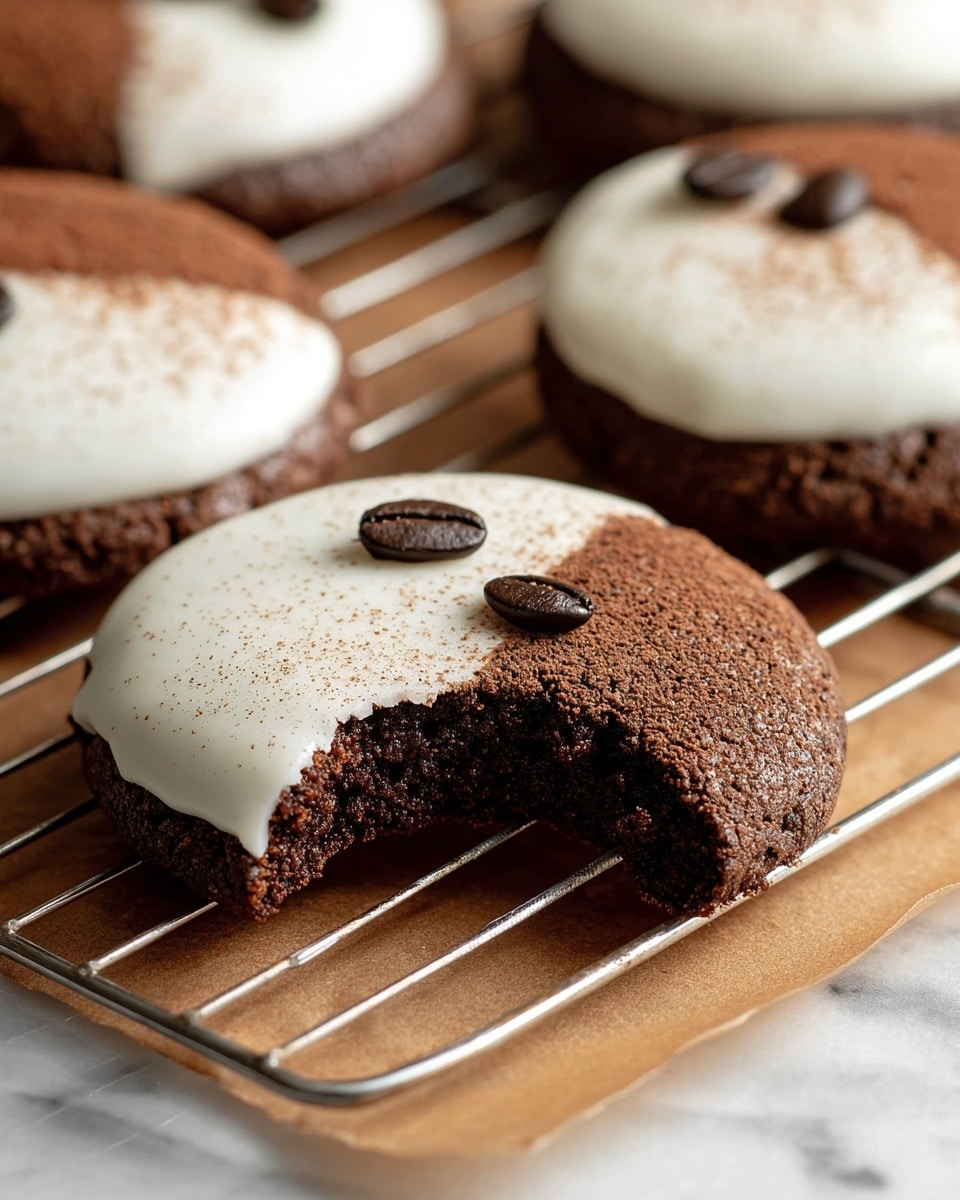 The image shows round coffee-flavored cookies arranged on a metal cooling rack over parchment paper on a white marbled surface. Each cookie has a dark brown base with a thick half layer of smooth white icing, while the other half is dusted with cocoa powder. Three dark roasted coffee beans are neatly placed on top of the white icing side of every cookie. Around the cookies are small white bowls, one filled with whole coffee beans and another holding cocoa powder with a silver tea infuser resting inside. Two white cups of black coffee are also visible nearby. The overall look is warm and inviting, perfect for a coffee treat. photo taken with an iphone --ar 4:5 --v 7