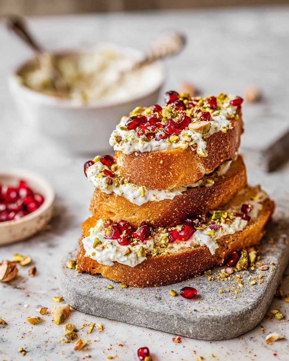 The image shows a stack of three crispy toasted bread slices arranged unevenly on a gray stone board, each slice thickly spread with creamy white cheese. On the top layer, bright red pomegranate seeds and small green chopped pistachio pieces are scattered, adding pops of color. In the background, there is a white bowl partially filled with extra cheese and more pomegranate seeds, with a spoon inside. Around the board and surface, there are scattered crumbs, chopped nuts, and pomegranate seeds, enhancing the fresh, rustic look. The surface beneath is a white marbled texture. photo taken with an iphone --ar 4:5 --v 7