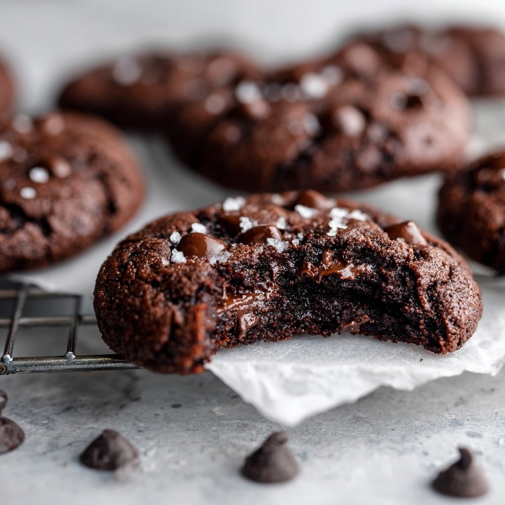 A white round plate holds a stack of soft-looking chocolate cookies, each topped with glossy chocolate chips and a light sprinkling of coarse sea salt that shines against the dark brown cookie base. The cookies show a slightly cracked texture on the surface, giving a fresh-baked, chewy impression. The plate sits on a white marbled surface, and in the background, blurred red Christmas ornaments and green pine branches add a festive feel with warm yellow lights softly glowing. Photo taken with an iphone --ar 4:5 --v 7