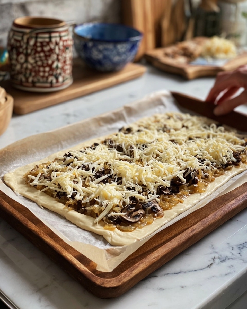 A round tart with a golden, flaky crust forms the base layer, topped with a thick, creamy white cheese filling that appears smooth and rich. On top, there are evenly spaced caramelized onion rose shapes with a deep brown color and slightly shiny texture, adding a decorative and appetizing look. Small green herb leaves are scattered over the onions, giving a fresh contrast to the warm tones. The tart is presented on a wooden cutting board with some fresh herb sprigs nearby, and the background is a white marbled texture. Photo taken with an iphone --ar 4:5 --v 7