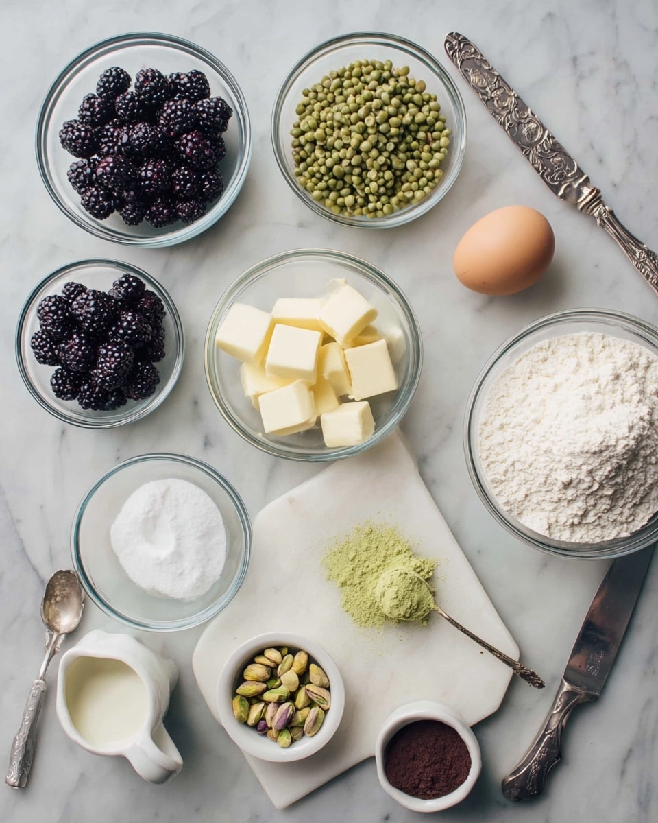 The image shows a stack of two square berry bars placed on a piece of parchment paper over a white marbled surface. Each bar has six visible layers: the bottom and middle layers are a crumbly beige crust, followed by a thick light green layer, then a thin white creamy layer, a deep purple berry compote layer with visible blackberries, and lastly, the top layer is decorated with more vibrant mixed berries and scattered green pistachio slices. The berry topping looks glossy and fresh with a single blackberry sitting on top of the upper bar, giving a rich, colorful, and textured look. Photo taken with an iphone --ar 4:5 --v 7
