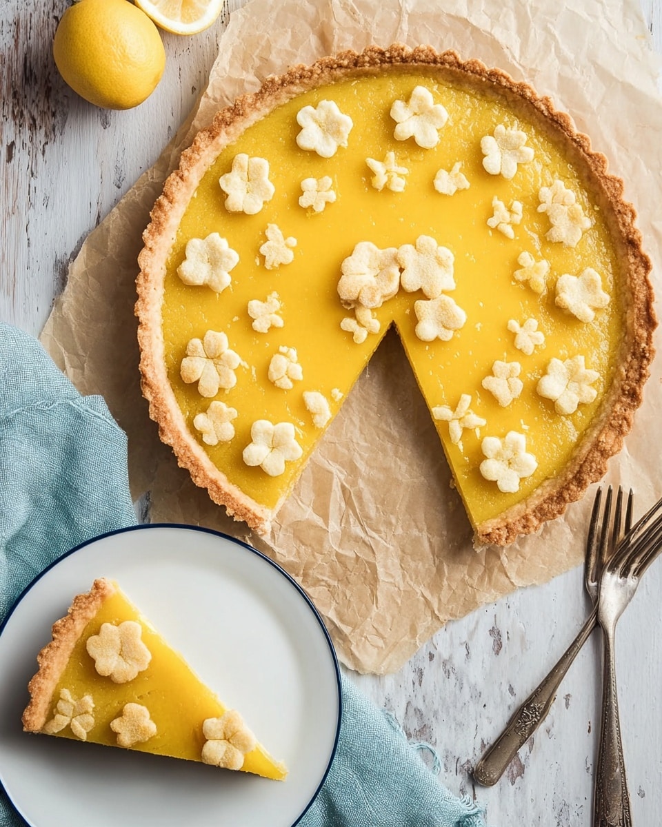 A lemon tart with a golden crust on the edges and filled with a bright yellow glossy lemon filling in the center, topped with many small and large flower-shaped pastry cutouts that are golden brown, all arranged on top in a scattered pattern, resting inside a white round tart pan placed on a round natural wood board with rough edges; the scene includes a white bowl of whole lemons and some whole and halved lemons on a white marbled surface in the background, with a blue cloth slightly visible on the left side. photo taken with an iphone --ar 4:5 --v 7