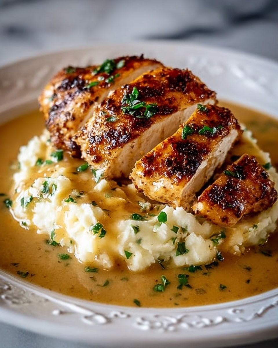 The dish shows two golden-brown grilled chicken breasts with a slightly crispy, seasoned skin. They are cut to reveal white, tender meat inside. The chicken sits on a creamy, off-white mashed potato base with a smooth texture. All of this is surrounded by a light brown sauce that pools around the potatoes. Small bits of finely chopped green herbs are sprinkled on top of the chicken and sauce. The food is served on a white plate with delicate raised patterns, placed on a white marbled surface. photo taken with an iphone --ar 4:5 --v 7